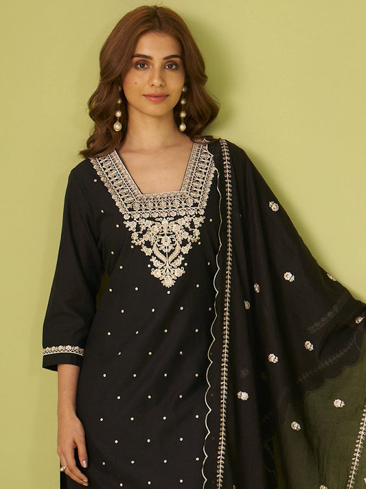 Black Embroidered Pure Cotton Straight Women Kurta Trouser With Dupatta
