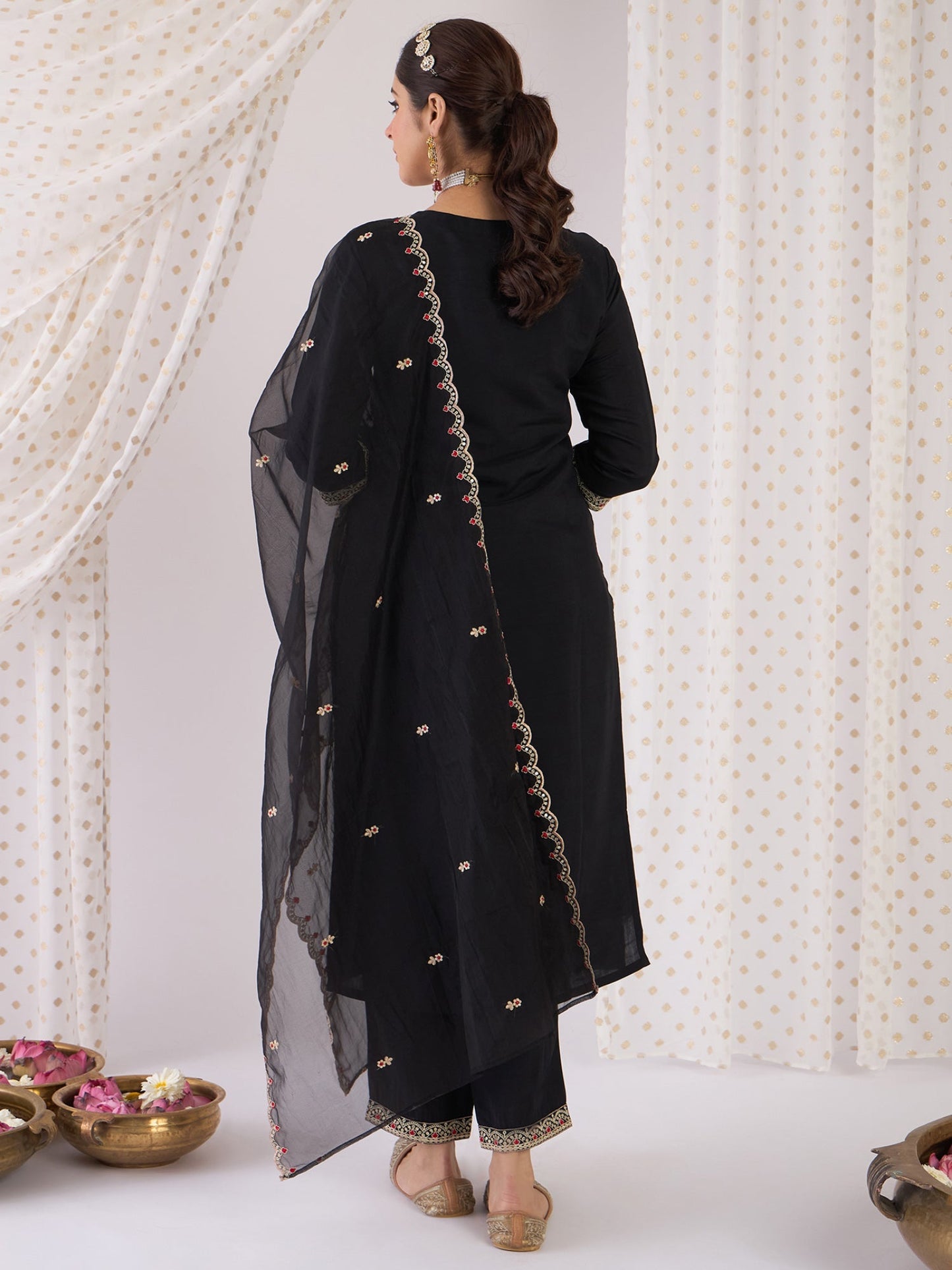 Black Embroidered Straight Kurta Trousers With Dupatta Set