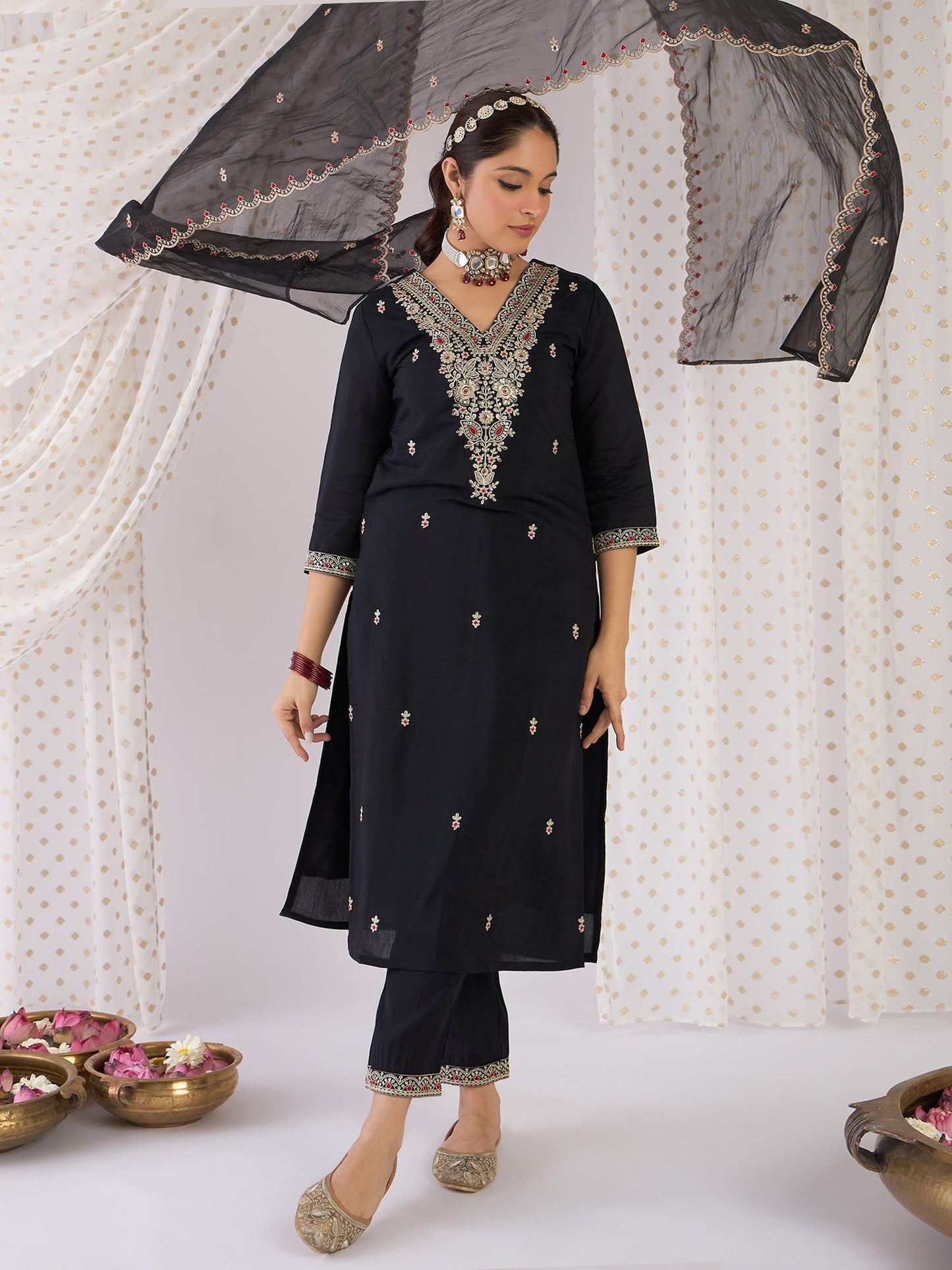 Black Embroidered Straight Kurta Trousers With Dupatta Set
