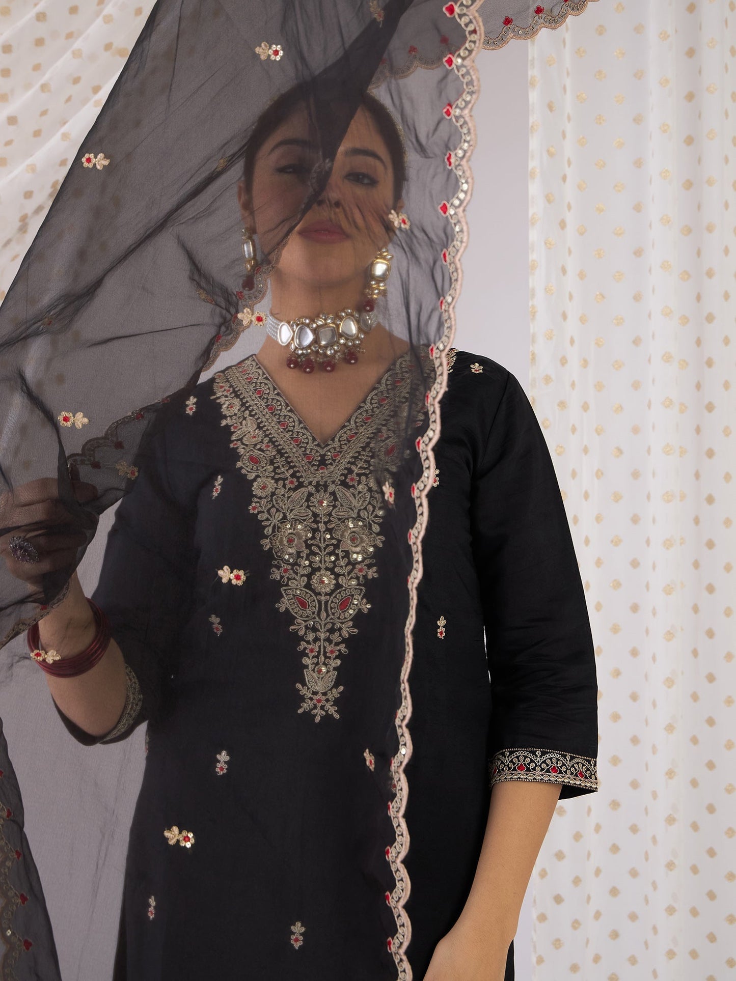 Black Embroidered Straight Kurta Trousers With Dupatta Set