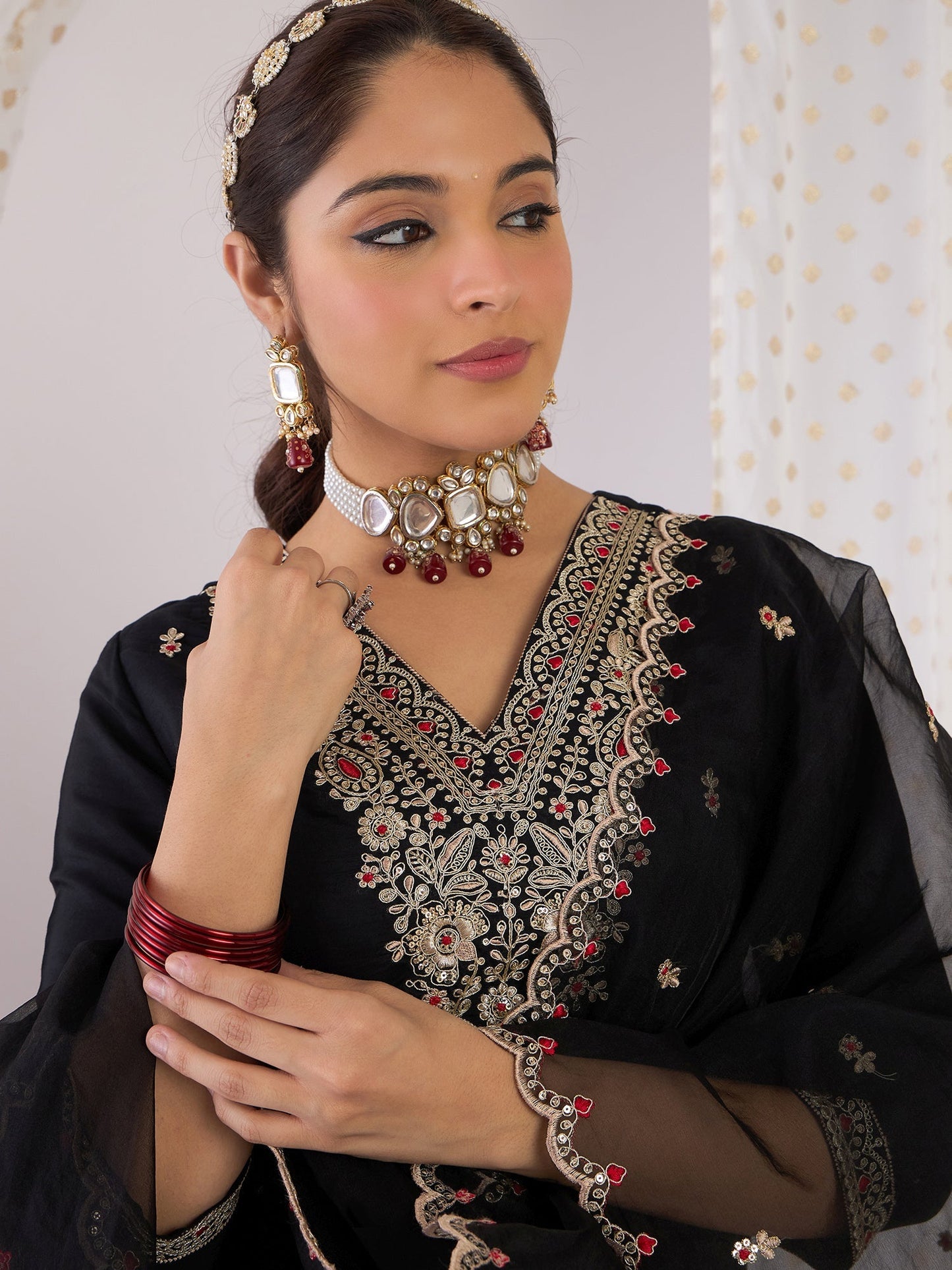 Black Embroidered Straight Kurta Trousers With Dupatta Set