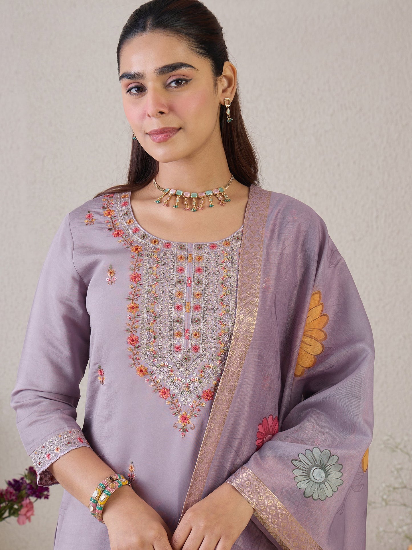 Lavender Embroidered Straight Kurta Trousers With Dupatta Set