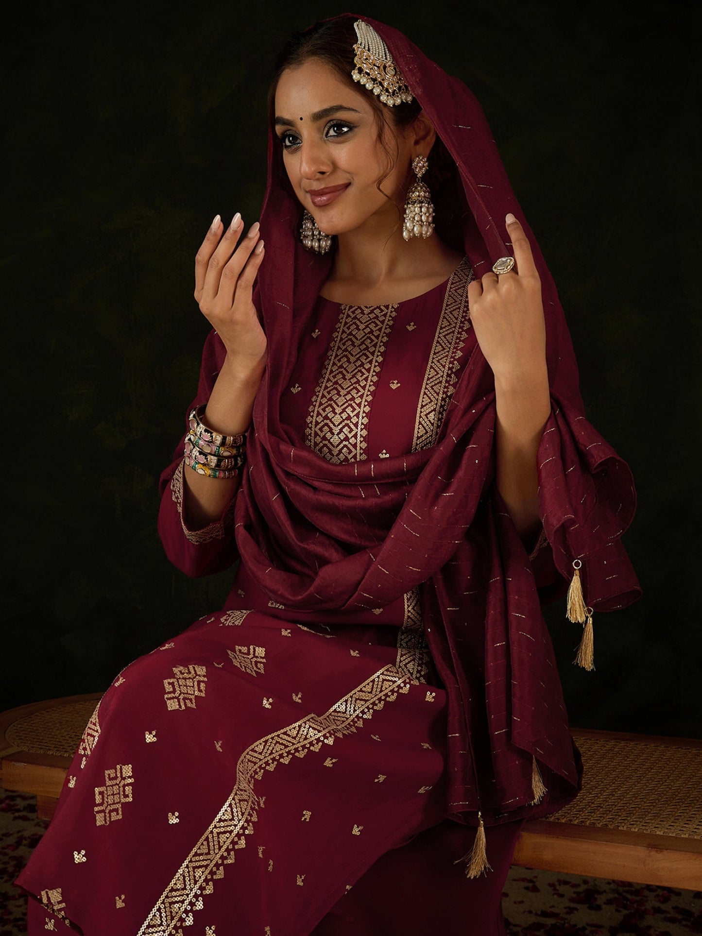 Maroon Embroidered Straight Kurta Trousers With Dupatta Set
