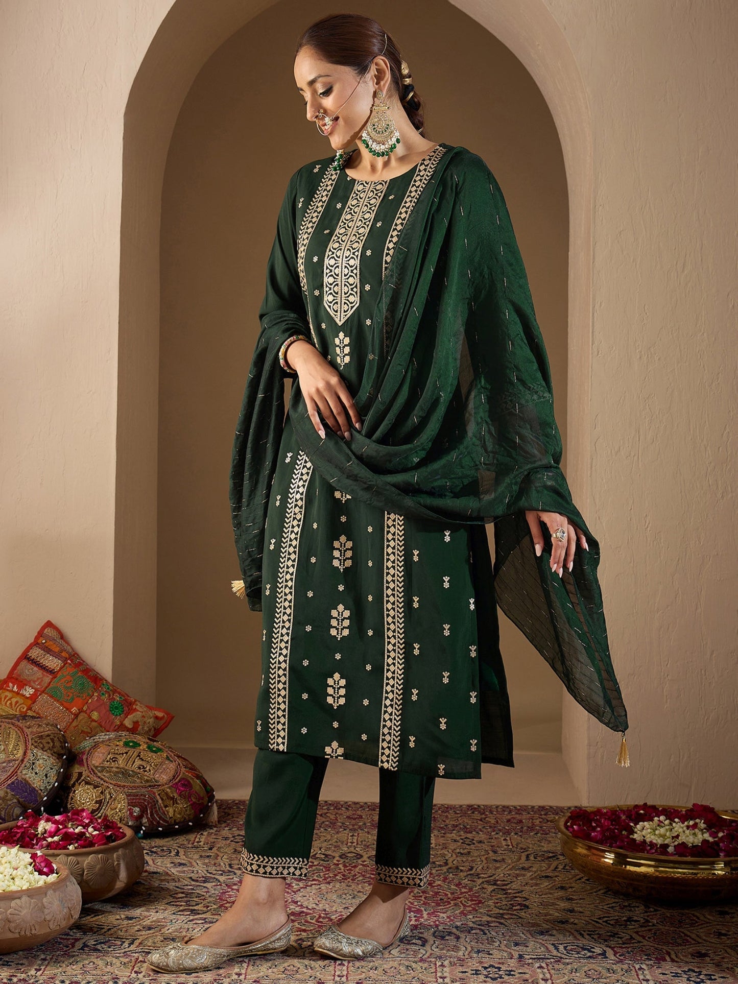Green Embroidered Straight Kurta Trousers With Dupatta Set