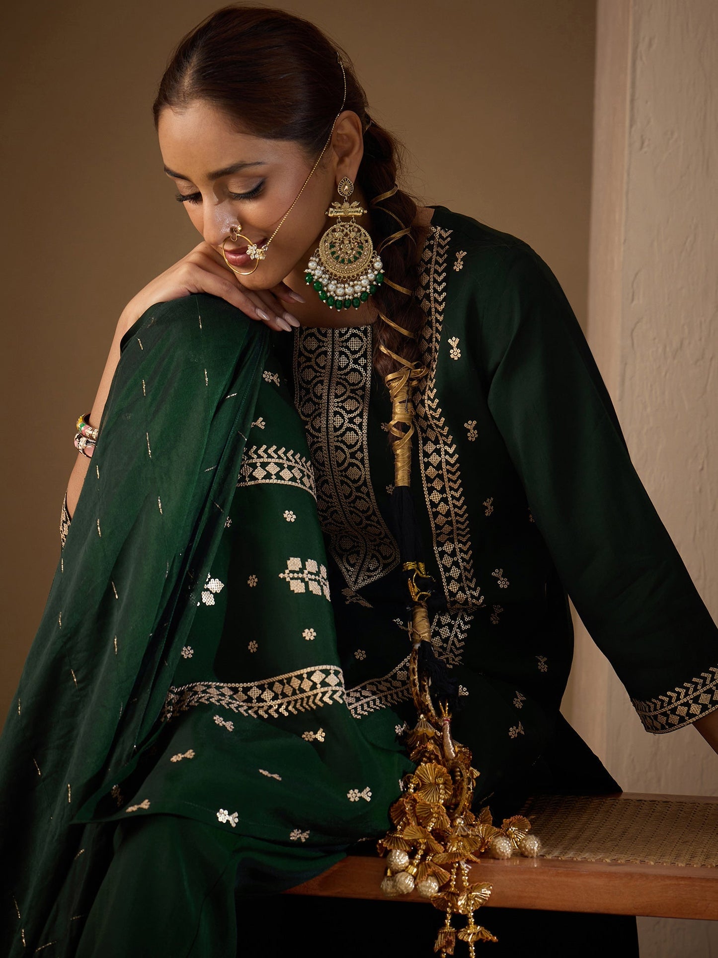 Green Embroidered Straight Kurta Trousers With Dupatta Set