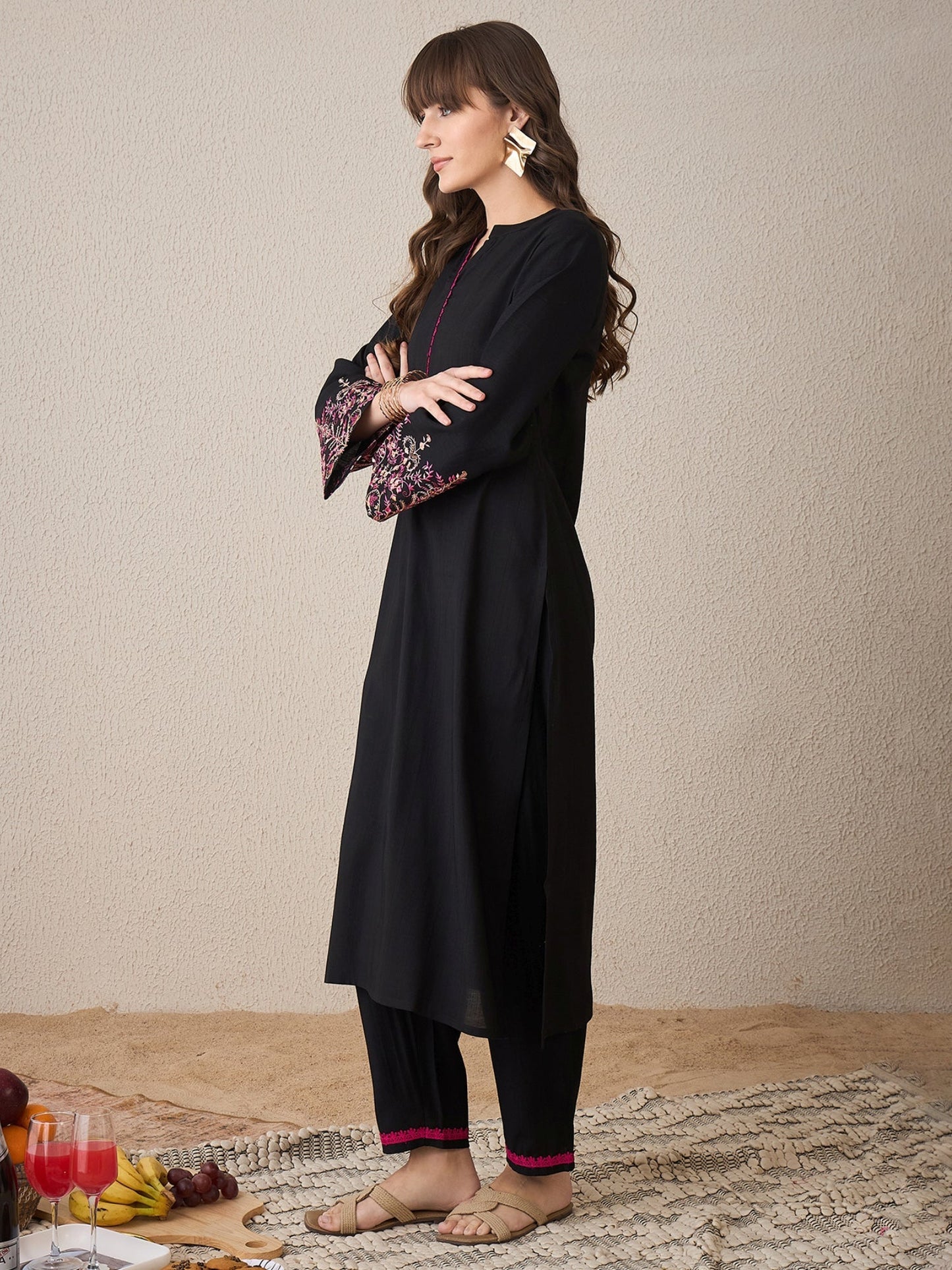 Black Embroidered Straight Kurta Trousers Set