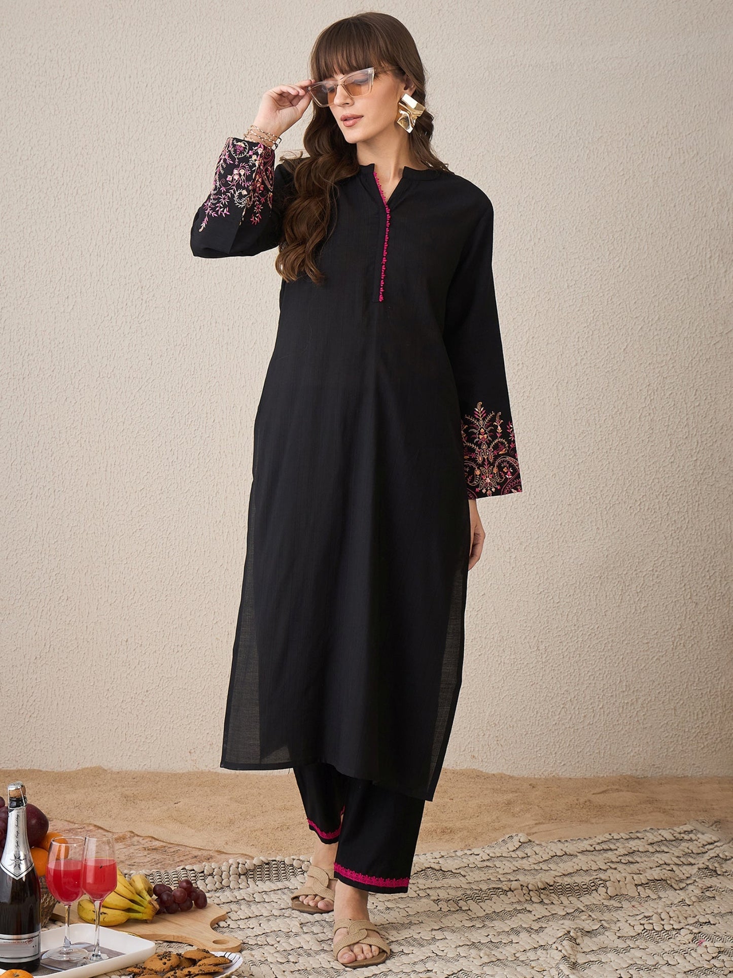 Black Embroidered Straight Kurta Trousers Set