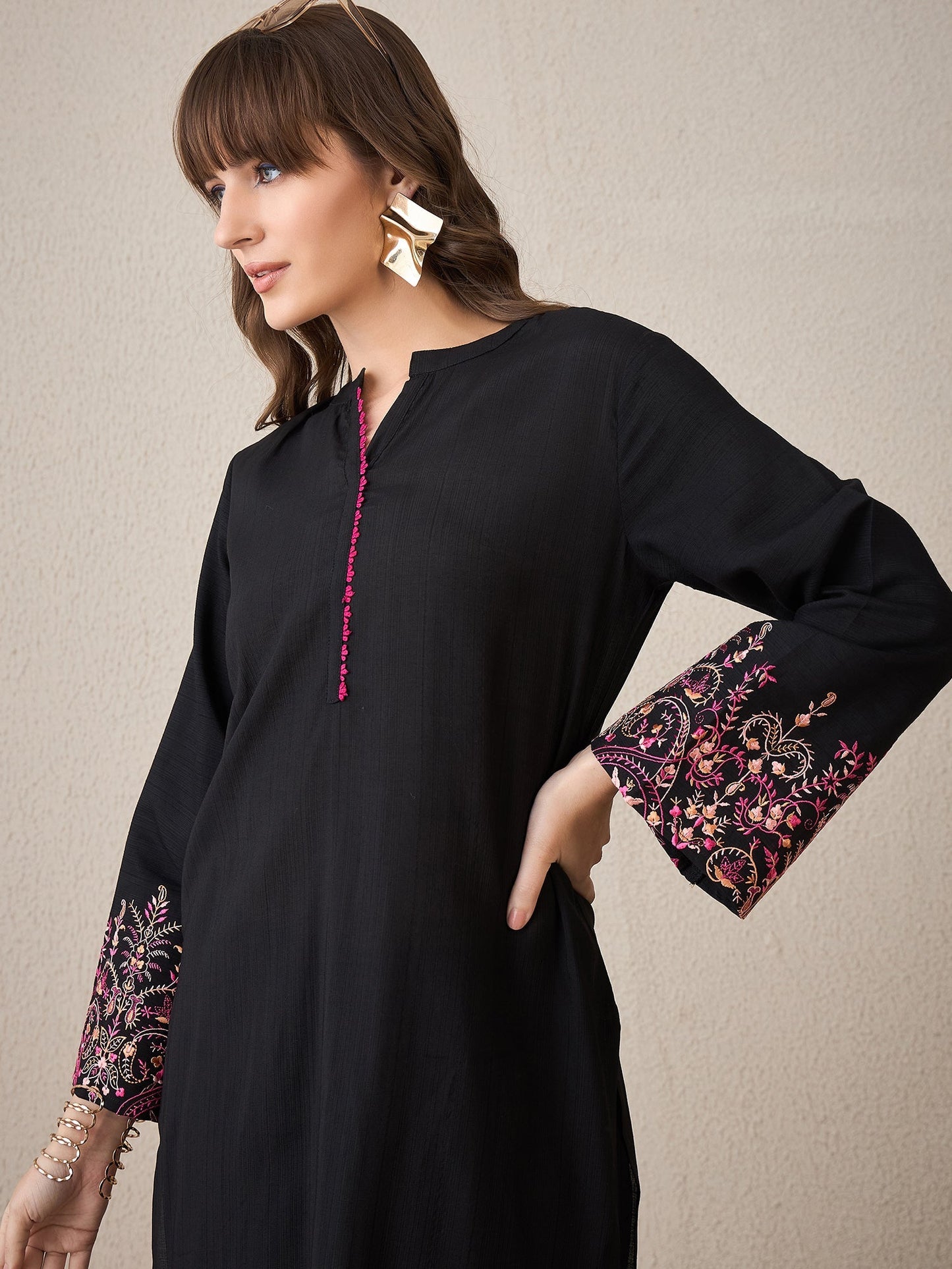 Black Embroidered Straight Kurta Trousers Set