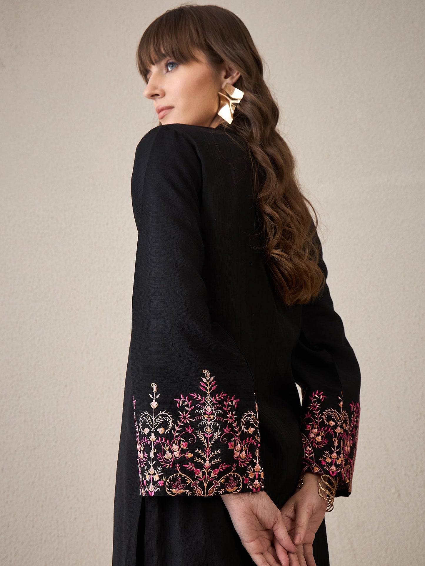 Black Embroidered Straight Kurta Trousers Set