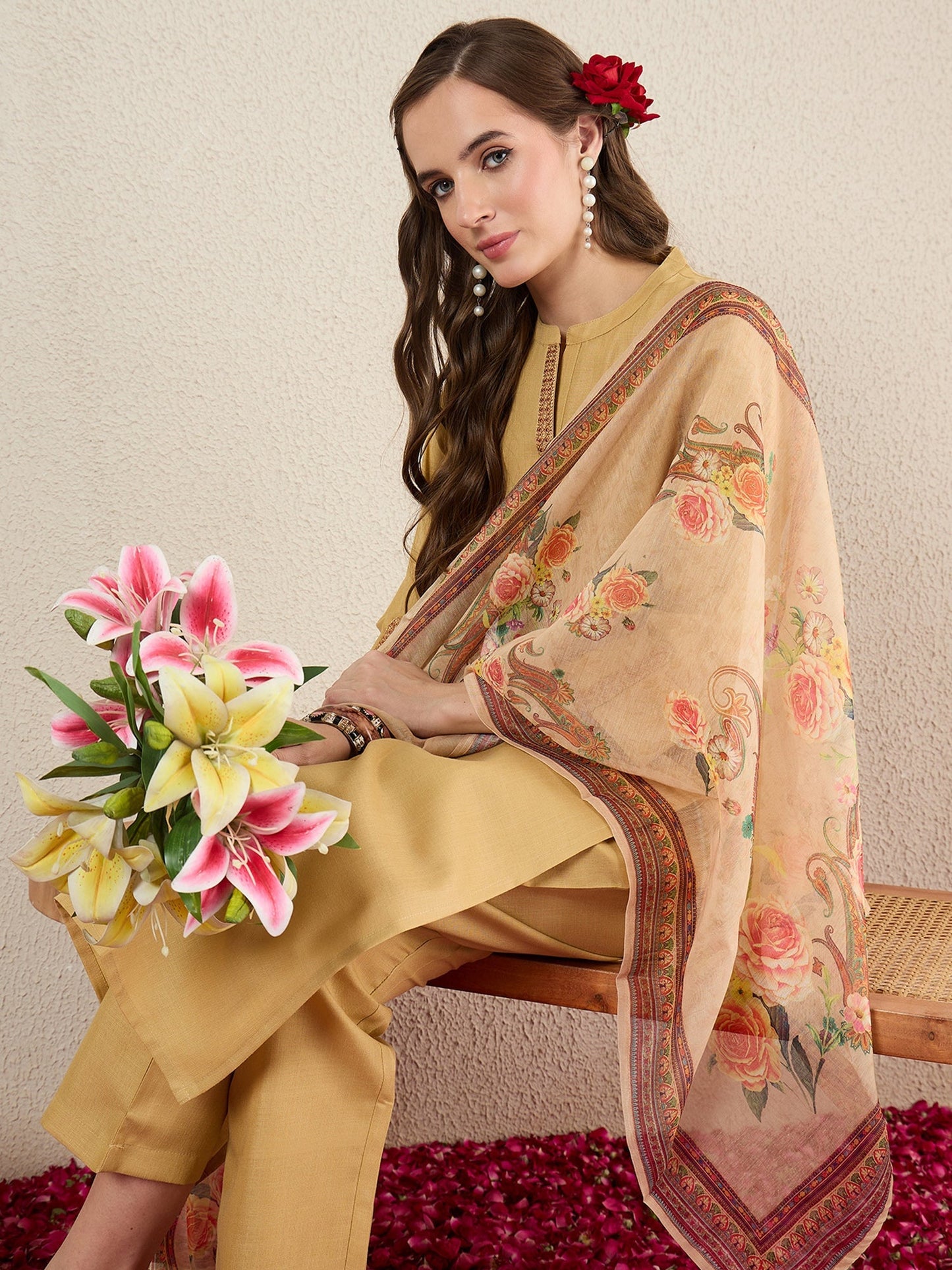Beige Embroidered Cotton Blend Straight Kurta Sets With Dupatta