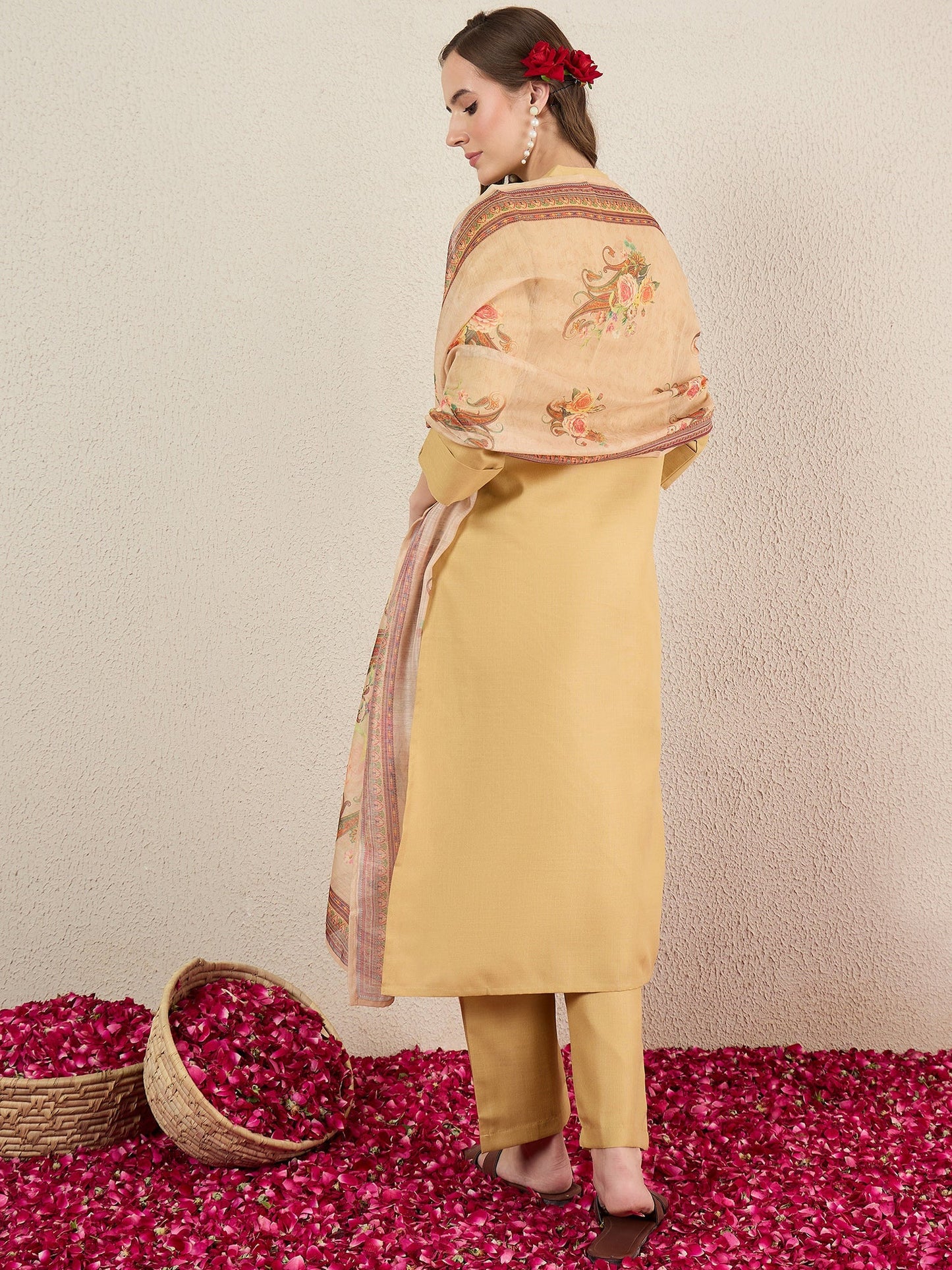 Beige Embroidered Cotton Blend Straight Kurta Sets With Dupatta