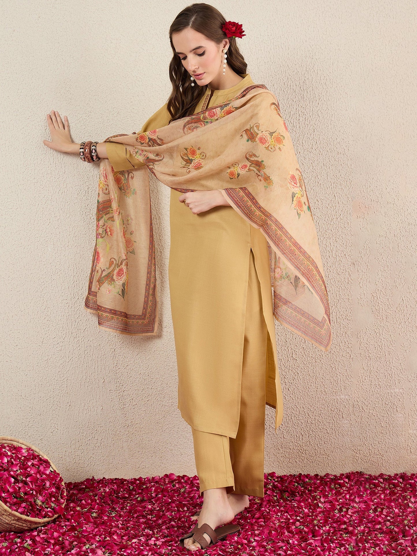 Beige Embroidered Cotton Blend Straight Kurta Sets With Dupatta