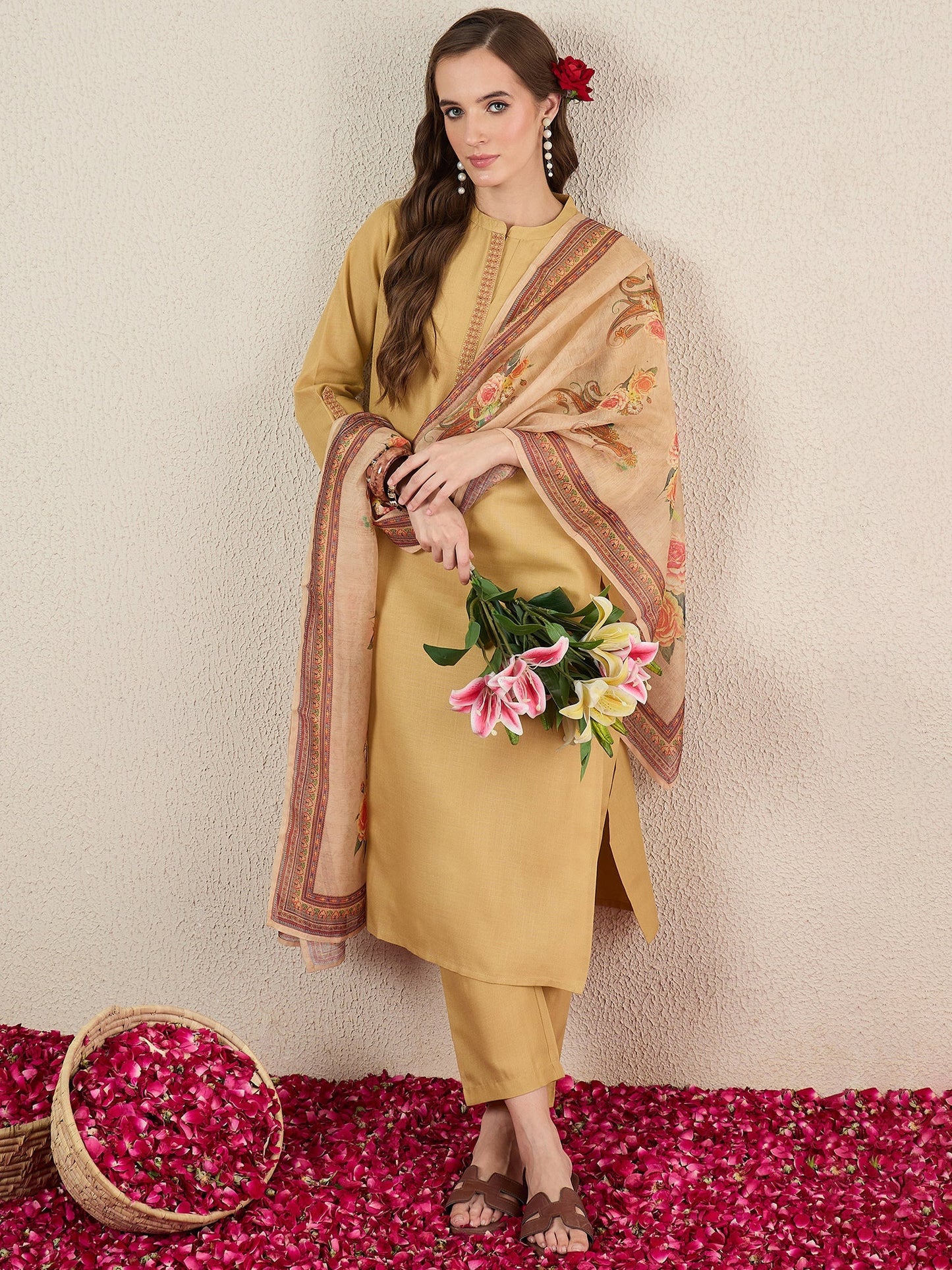 Beige Embroidered Cotton Blend Straight Kurta Sets With Dupatta