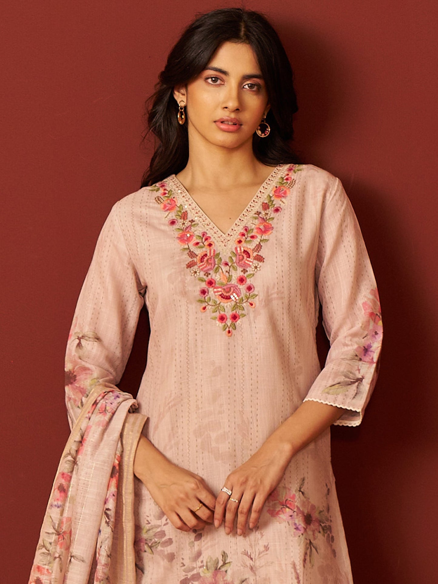 Beige Embroidered Linen Straight Women Kurta Trouser With Dupatta