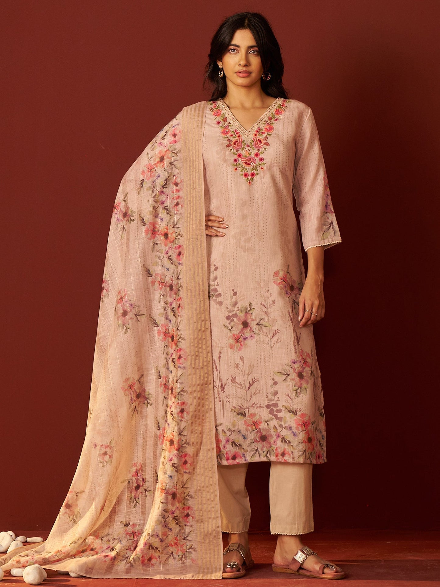 Beige Embroidered Linen Straight Women Kurta Trouser With Dupatta