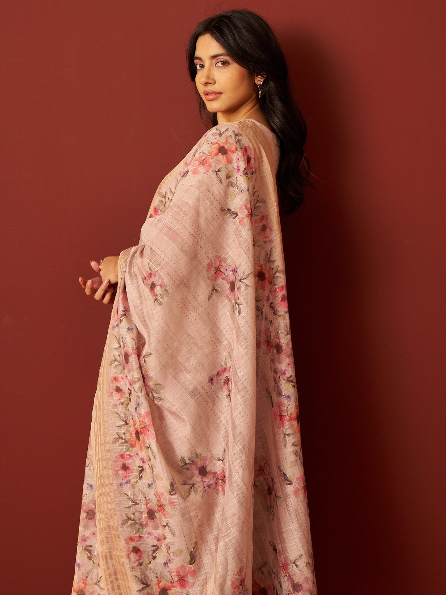 Beige Embroidered Linen Straight Women Kurta Trouser With Dupatta