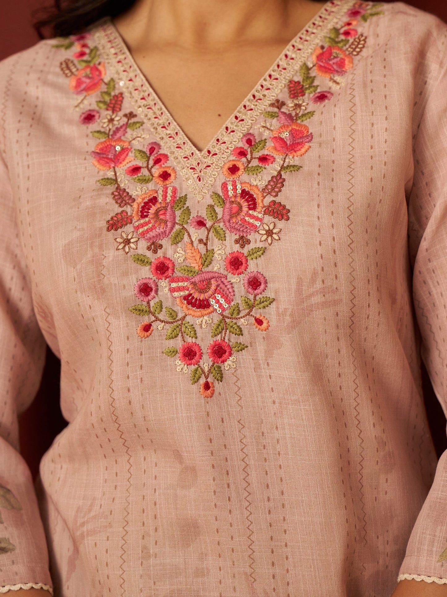 Beige Embroidered Linen Straight Women Kurta Trouser With Dupatta