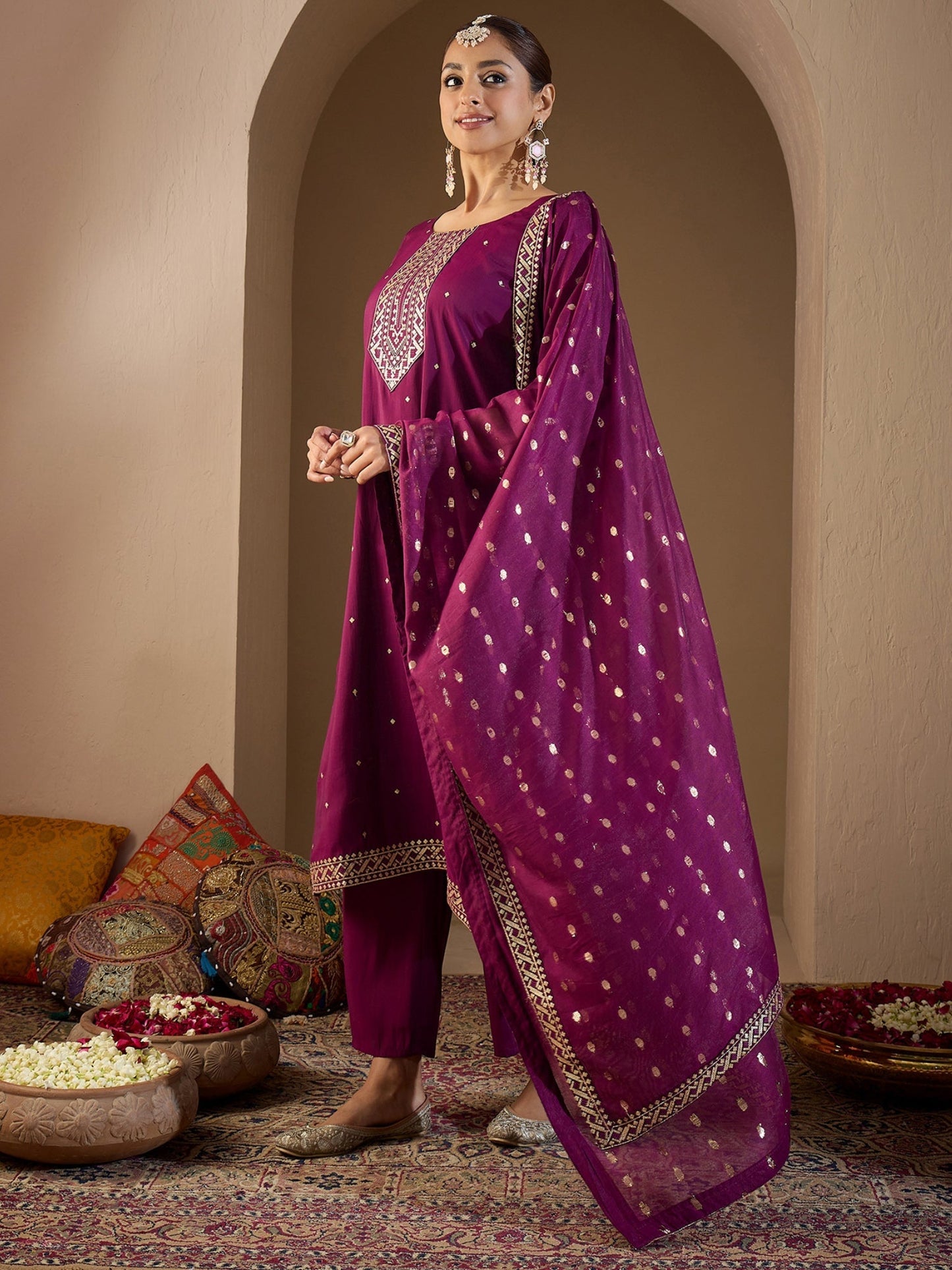 Burgundy Embroidered Straight Kurta Trousers With Dupatta Set