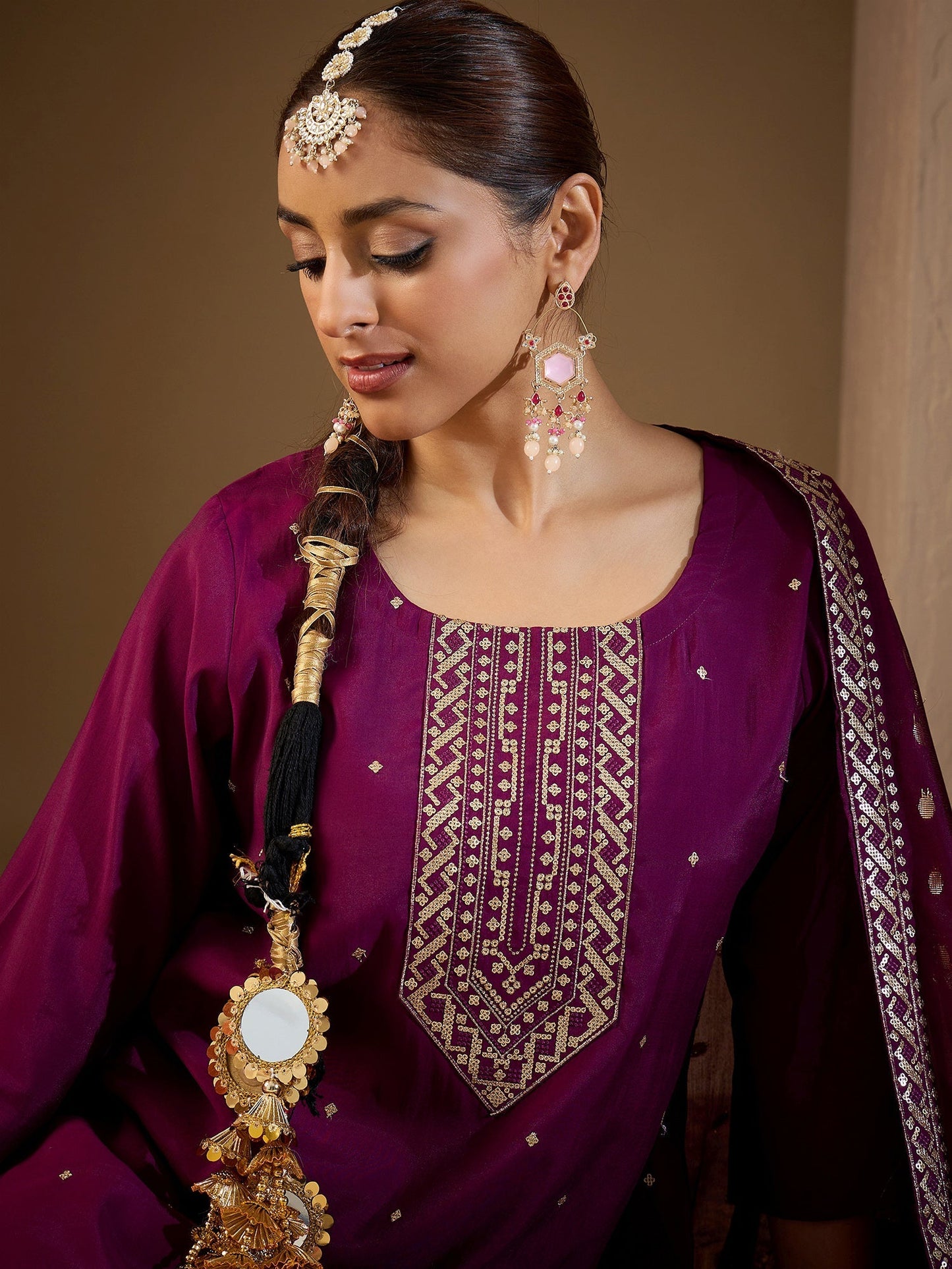 Burgundy Embroidered Straight Kurta Trousers With Dupatta Set