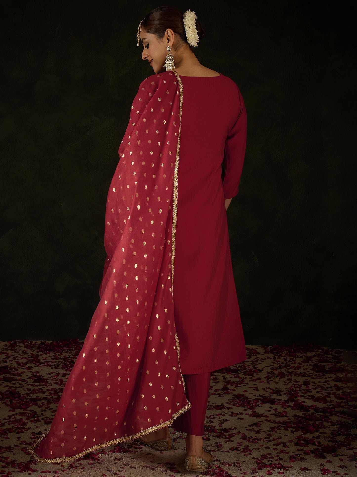 Maroon Embroidered Straight Kurta Trousers With Dupatta Set
