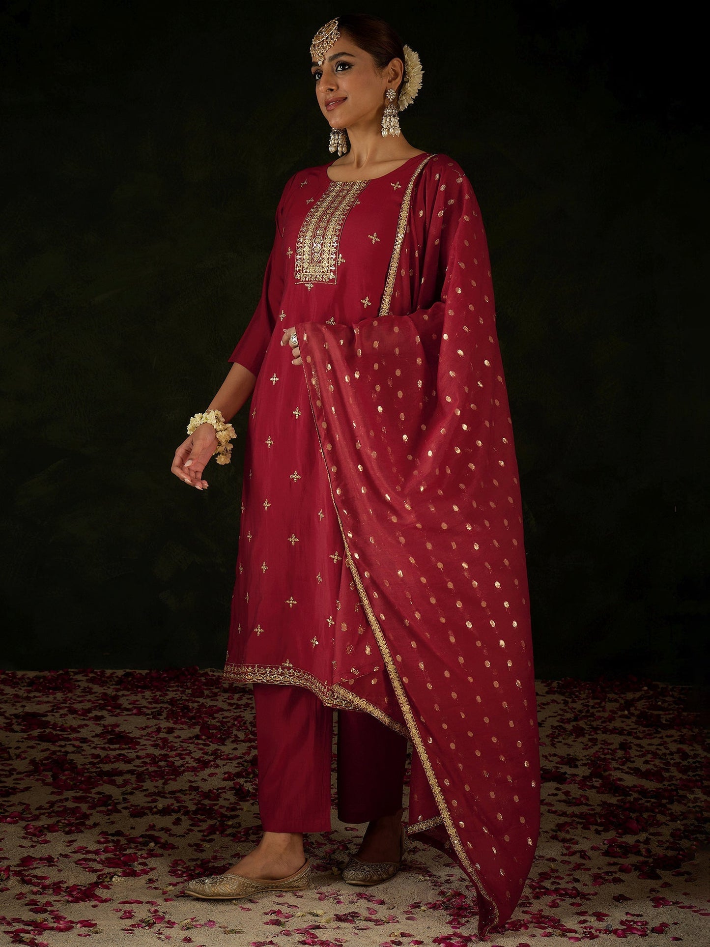 Maroon Embroidered Straight Kurta Trousers With Dupatta Set