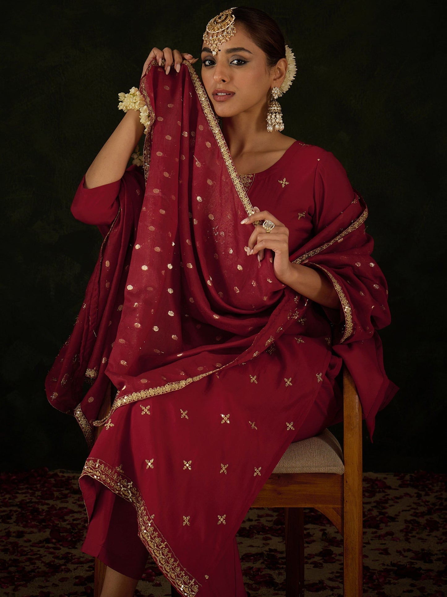 Maroon Embroidered Straight Kurta Trousers With Dupatta Set