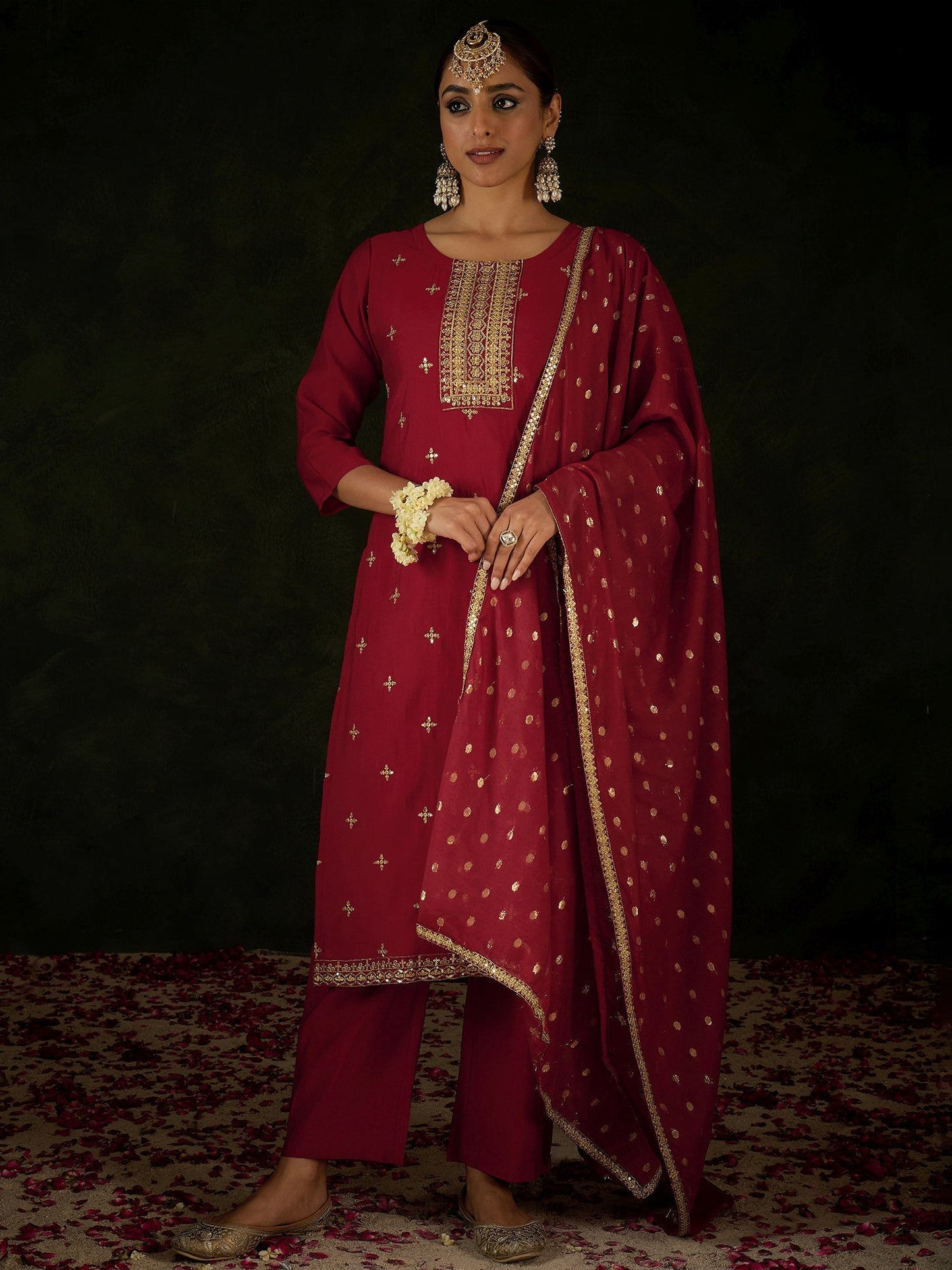 Maroon Embroidered Straight Kurta Trousers With Dupatta Set