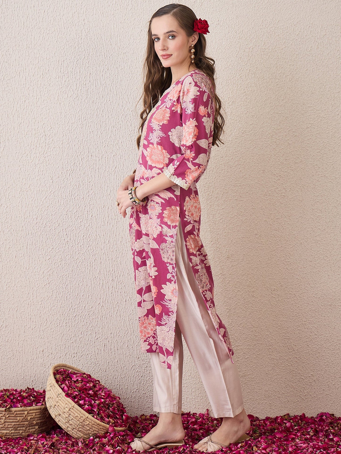 Mauve Printed Straight Kurtas