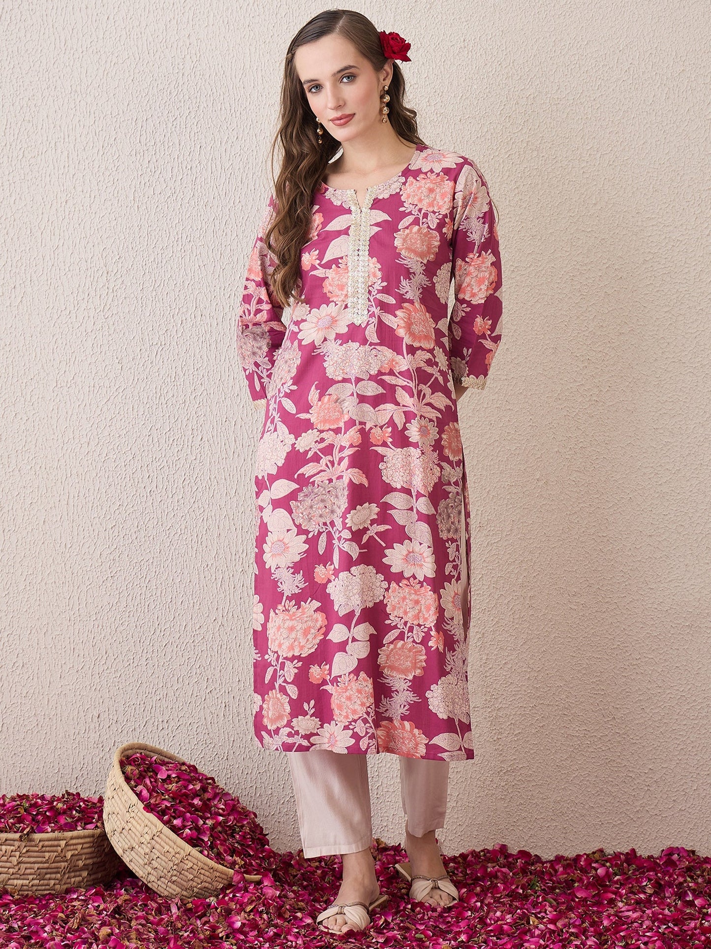 Mauve Printed Straight Kurtas