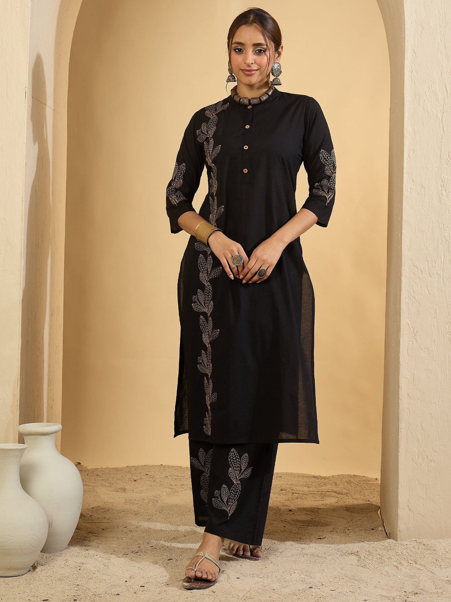 Black Embroidered Pure Cotton Straight Kurta With Trouser Set