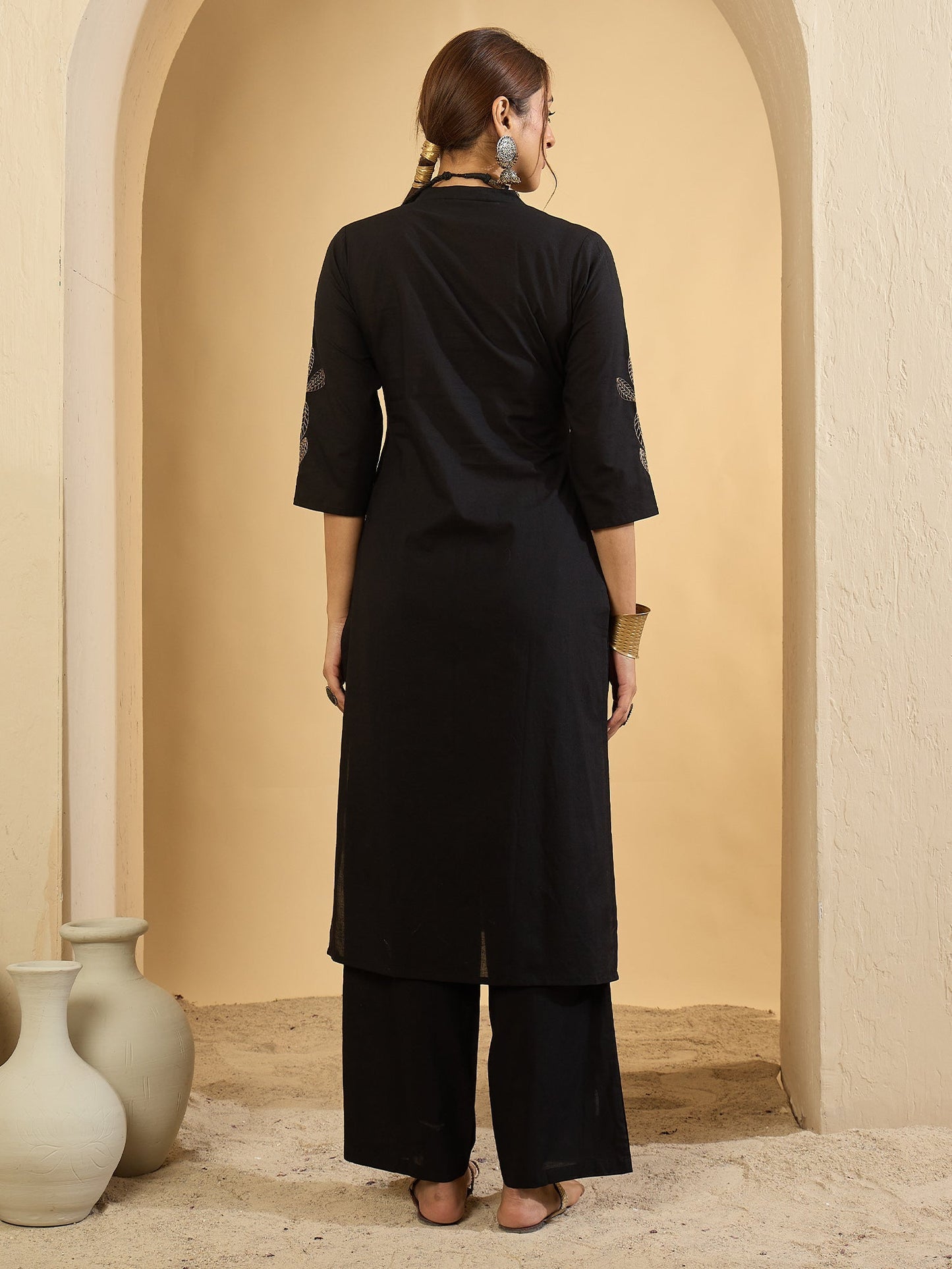 Black Embroidered Pure Cotton Straight Kurta With Trouser Set