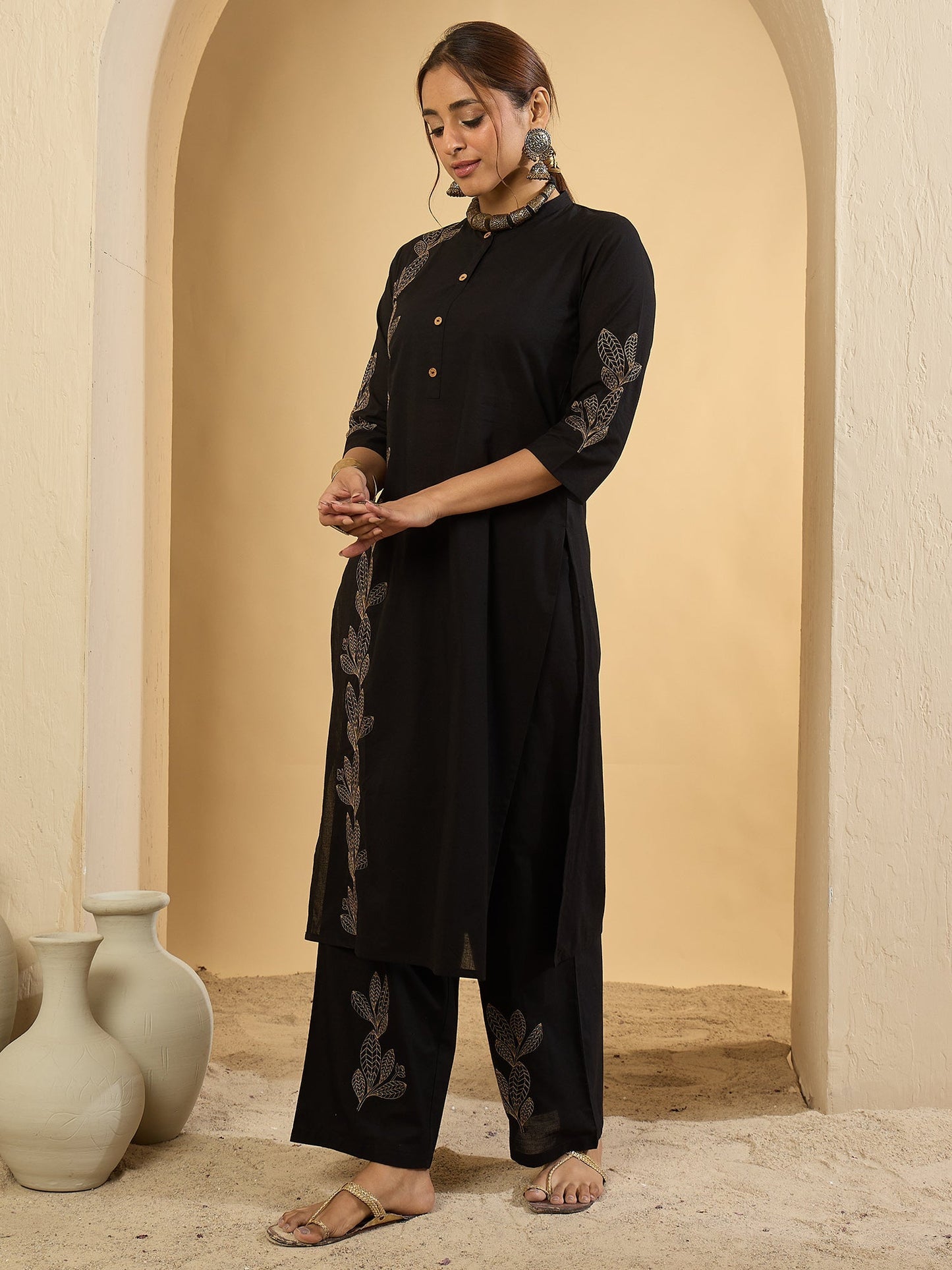Black Embroidered Pure Cotton Straight Kurta With Trouser Set