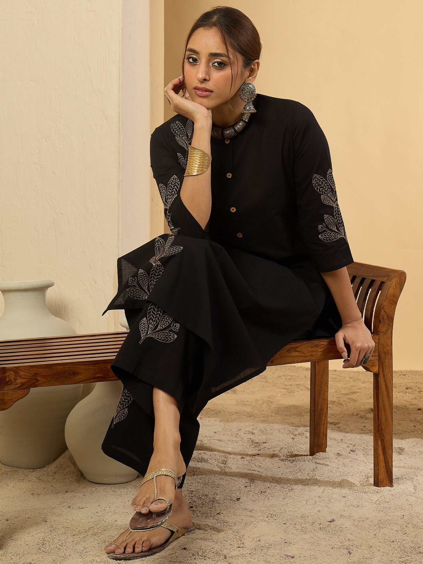 Black Embroidered Pure Cotton Straight Kurta With Trouser Set