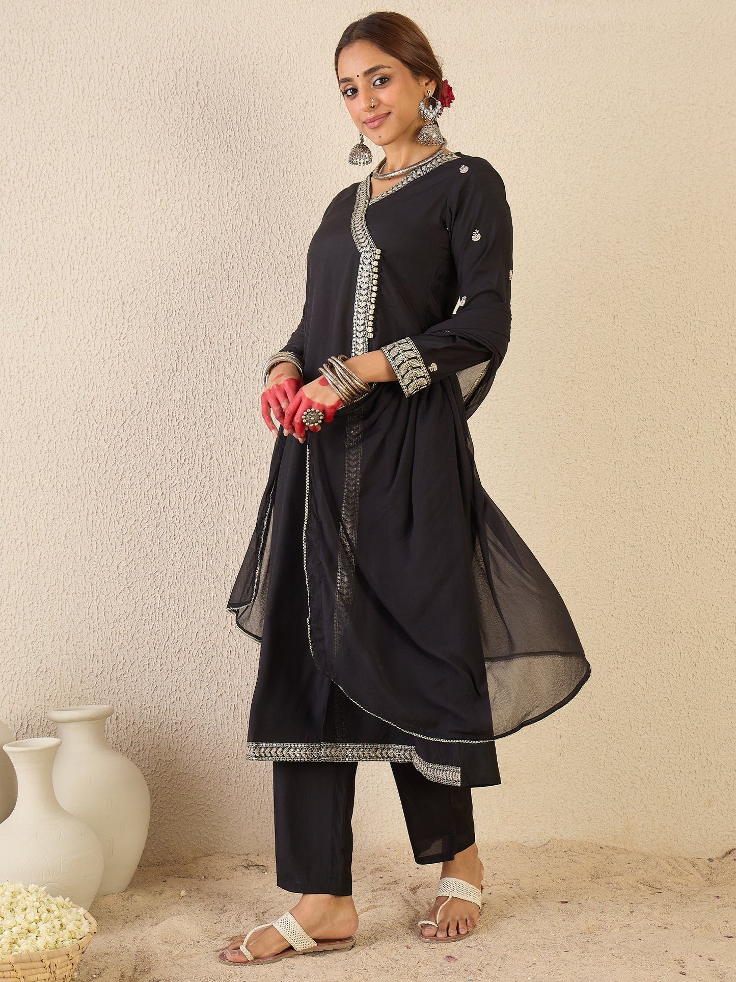 Black Embroidered Silk Blend A-Line Kurta Set With Dupatta