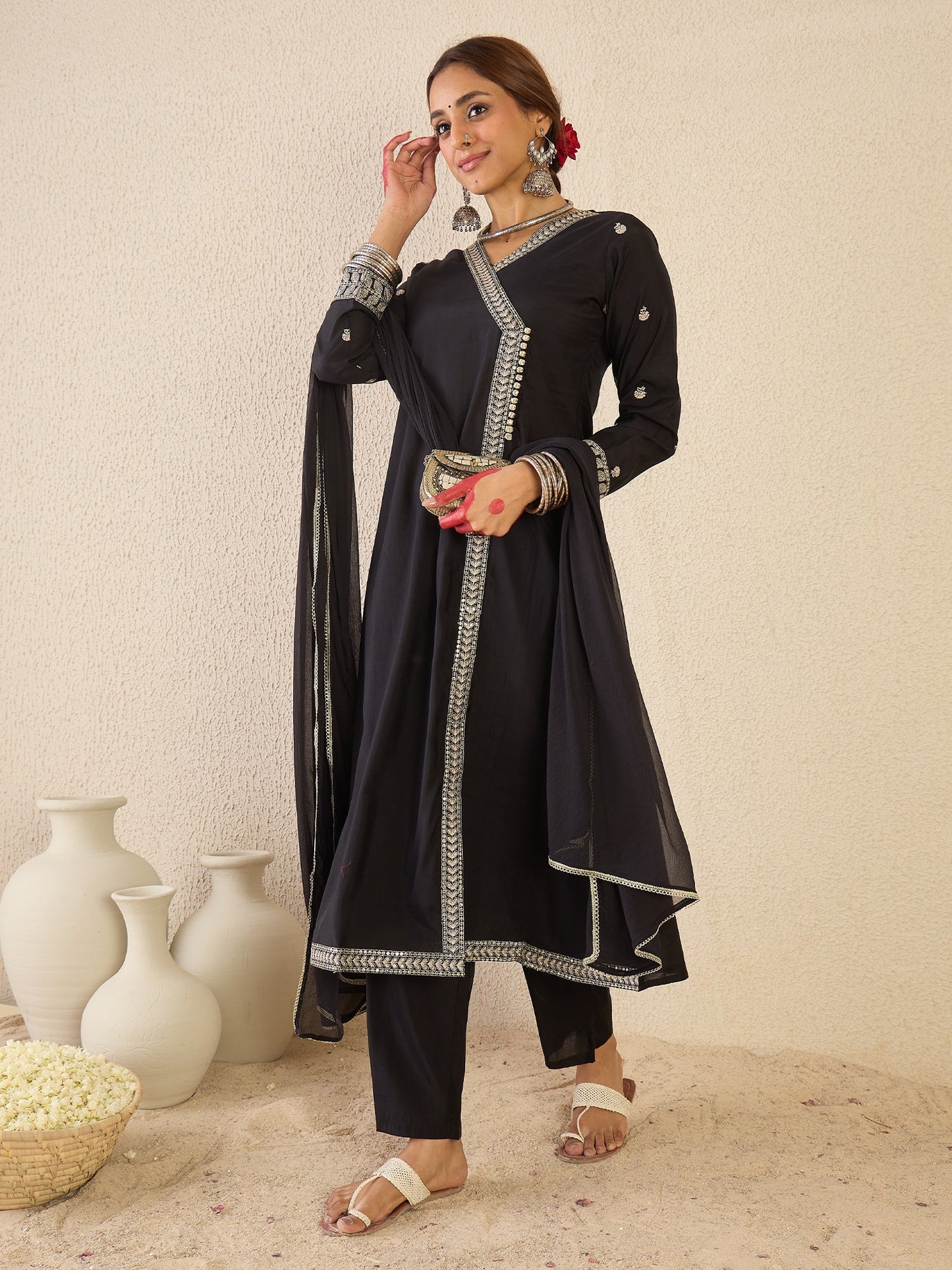 Black Embroidered Silk Blend A-Line Kurta Set With Dupatta