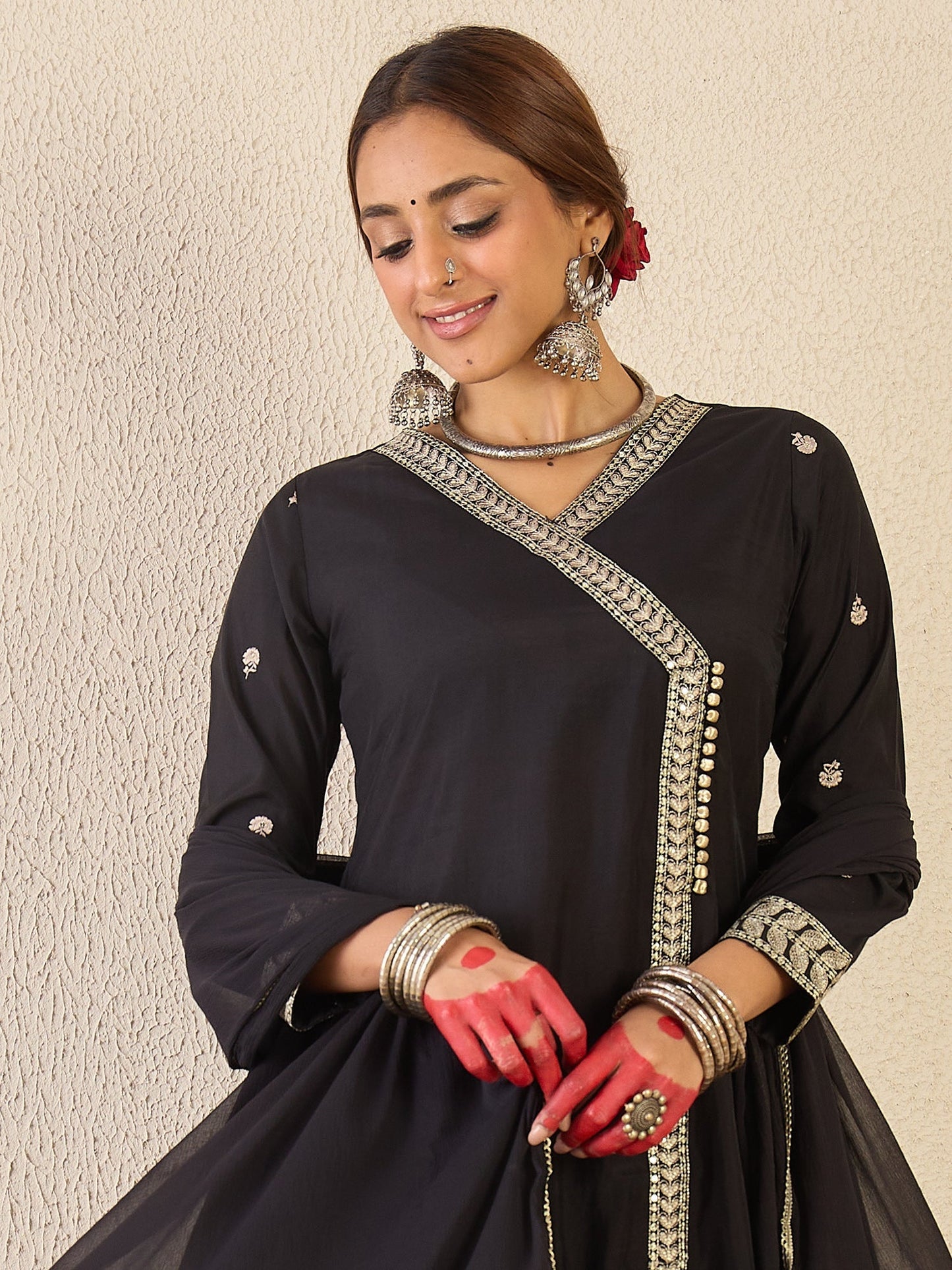 Black Embroidered Silk Blend A-Line Kurta Set With Dupatta