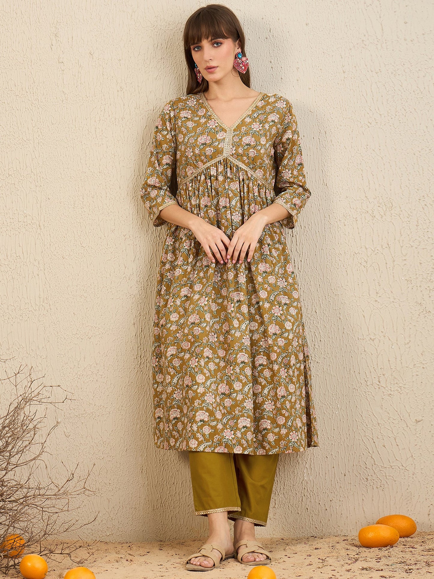 Indo Era Green Printed A-Line Kurta Trousers With Dupatta Set