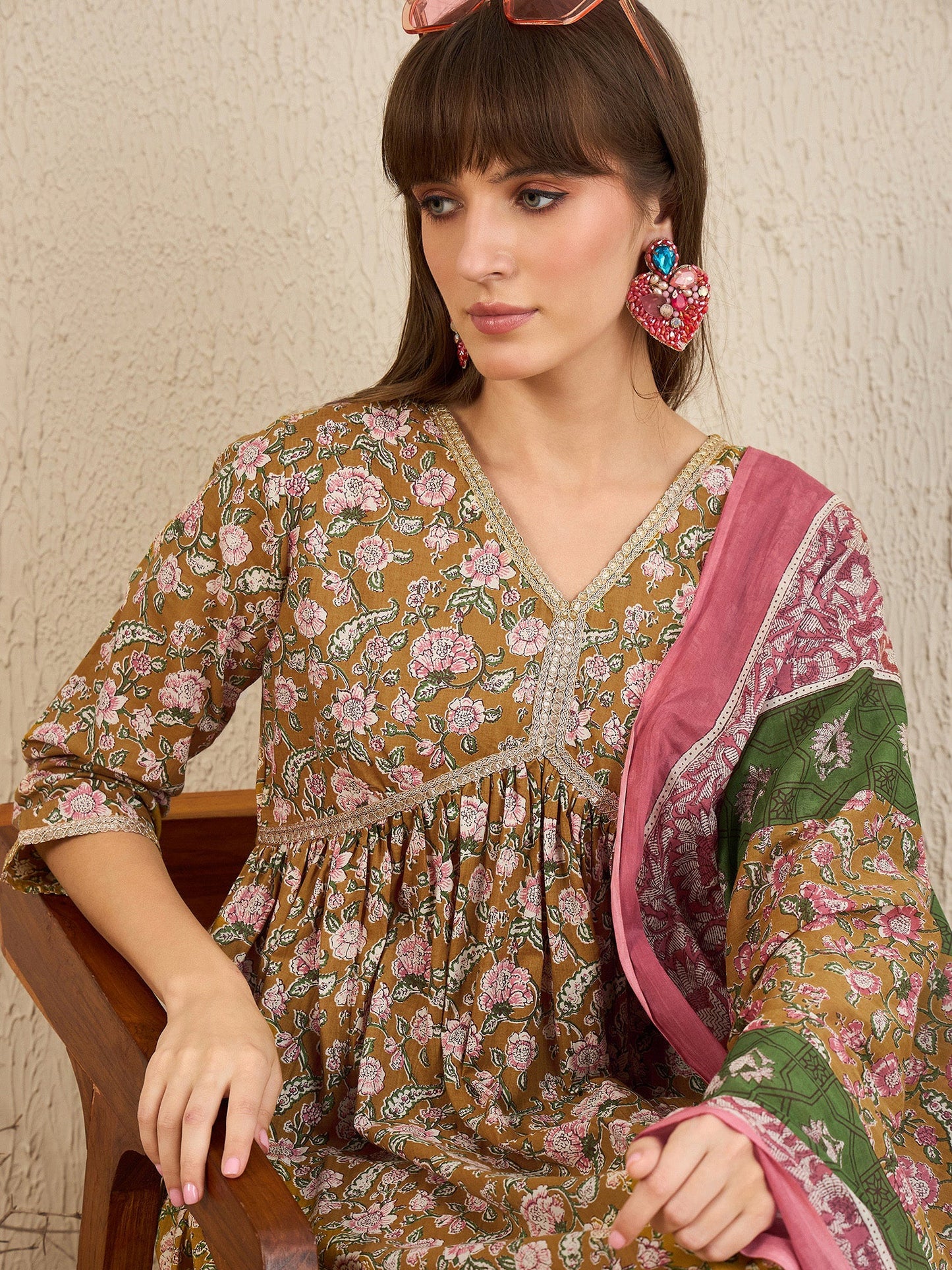 Indo Era Green Printed A-Line Kurta Trousers With Dupatta Set