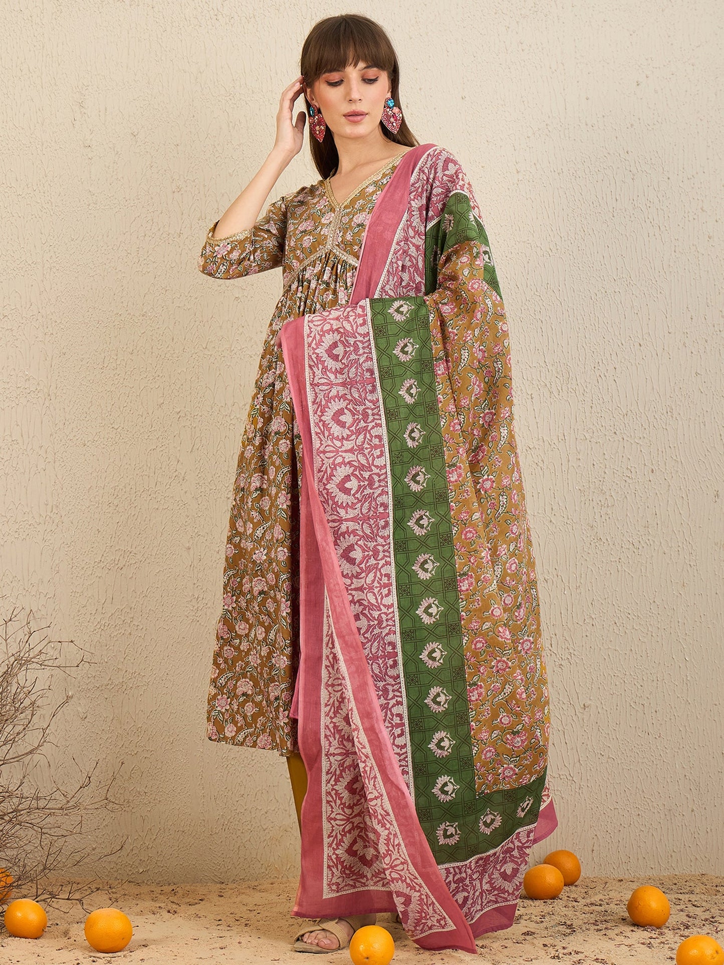 Indo Era Green Printed A-Line Kurta Trousers With Dupatta Set