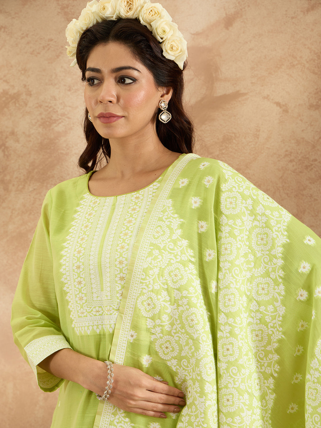Indo Era Green Woven Design Straight Kurta Trousers With Dupatta set