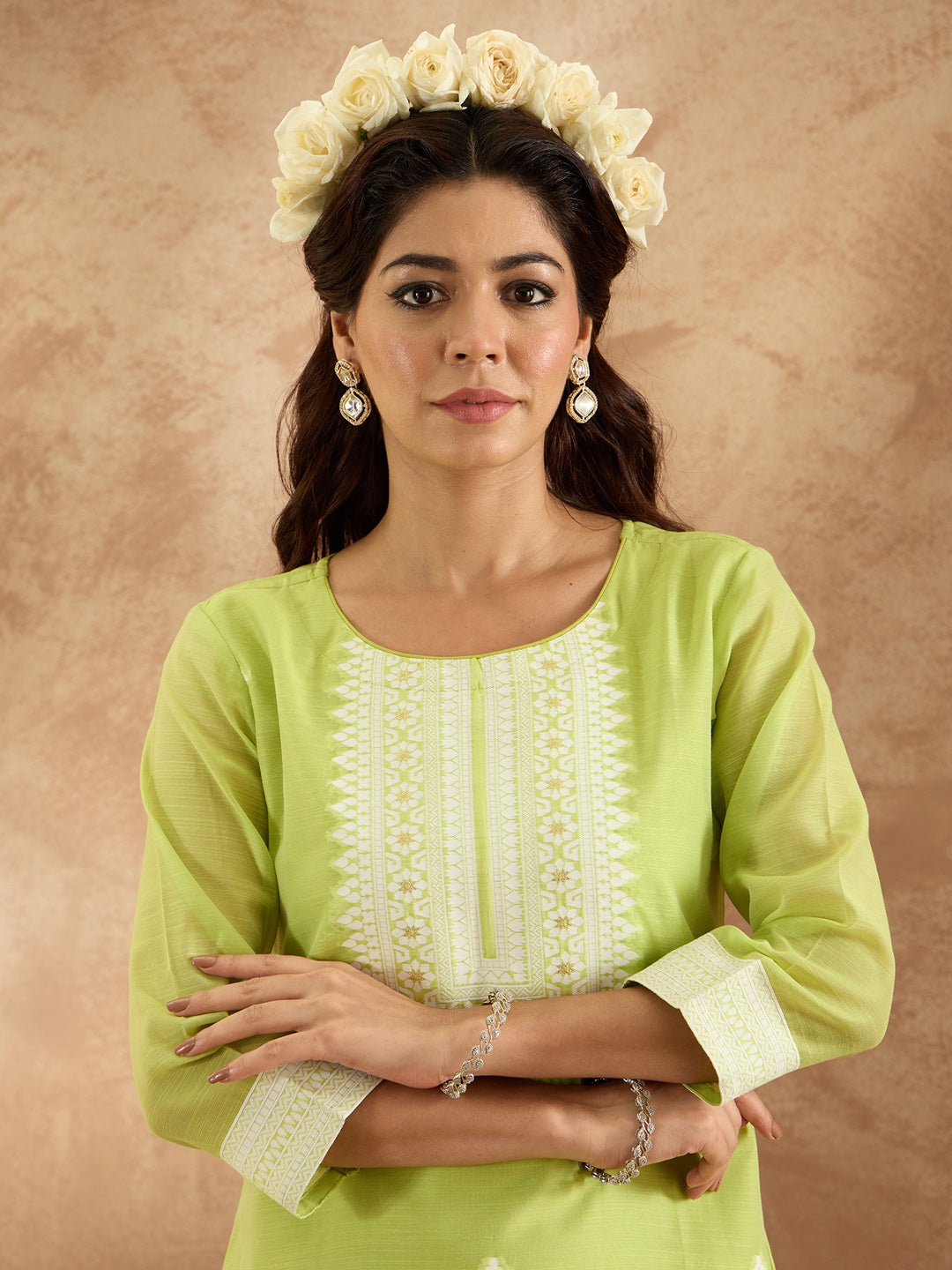 Indo Era Green Woven Design Straight Kurta Trousers With Dupatta set