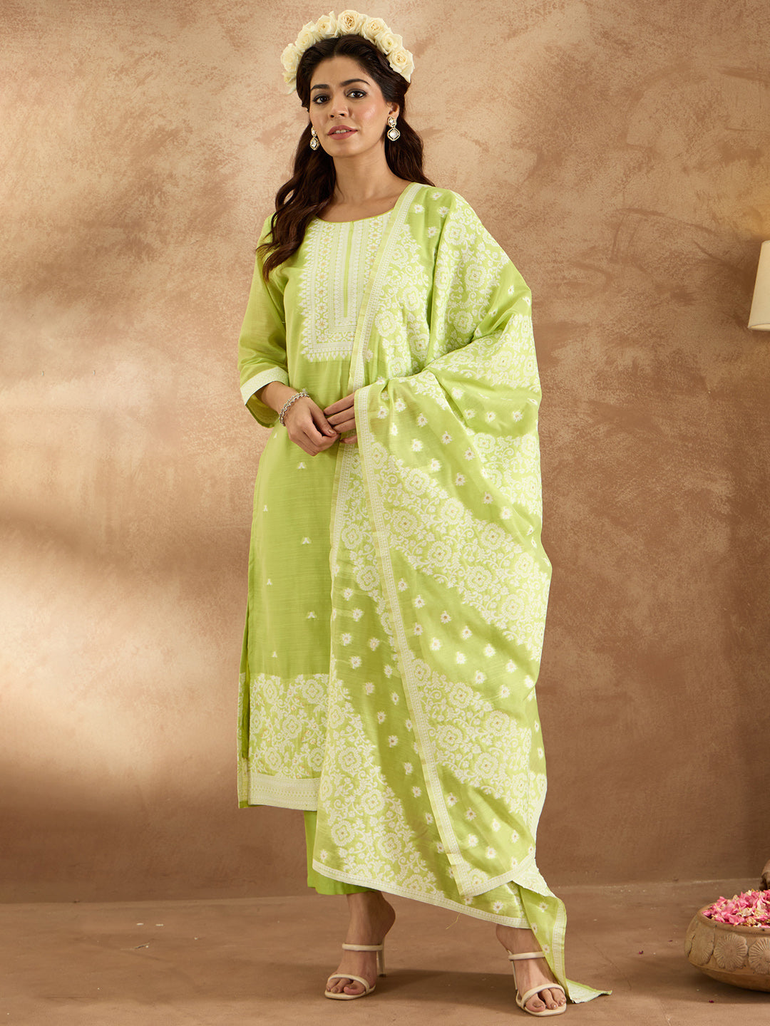Indo Era Green Woven Design Straight Kurta Trousers With Dupatta set