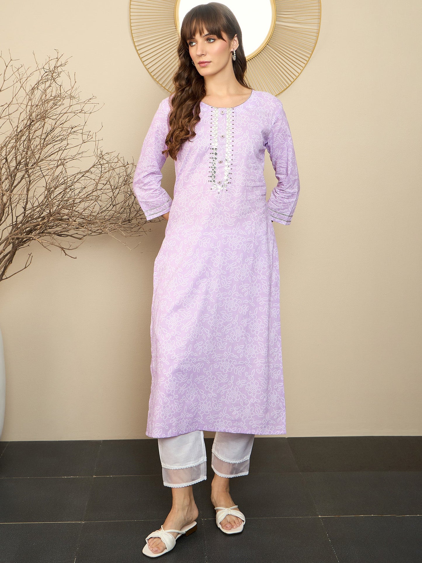 Indo Era Lavender Printed Straight Kurtas