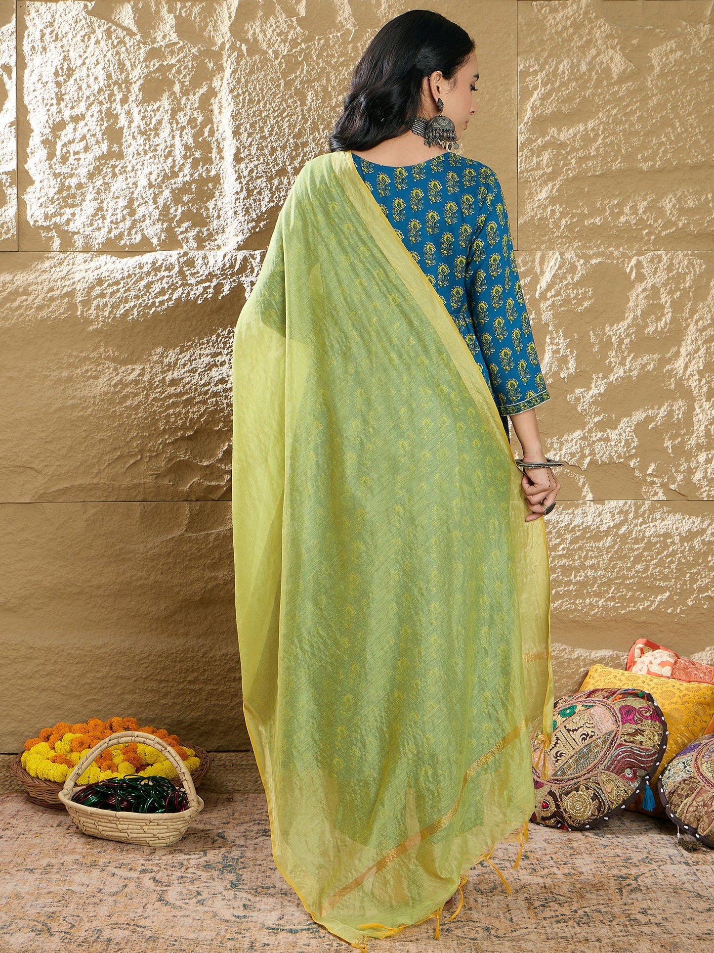 Indo Era Blue Embroidered A-Line Kurta Trousers With Dupatta set