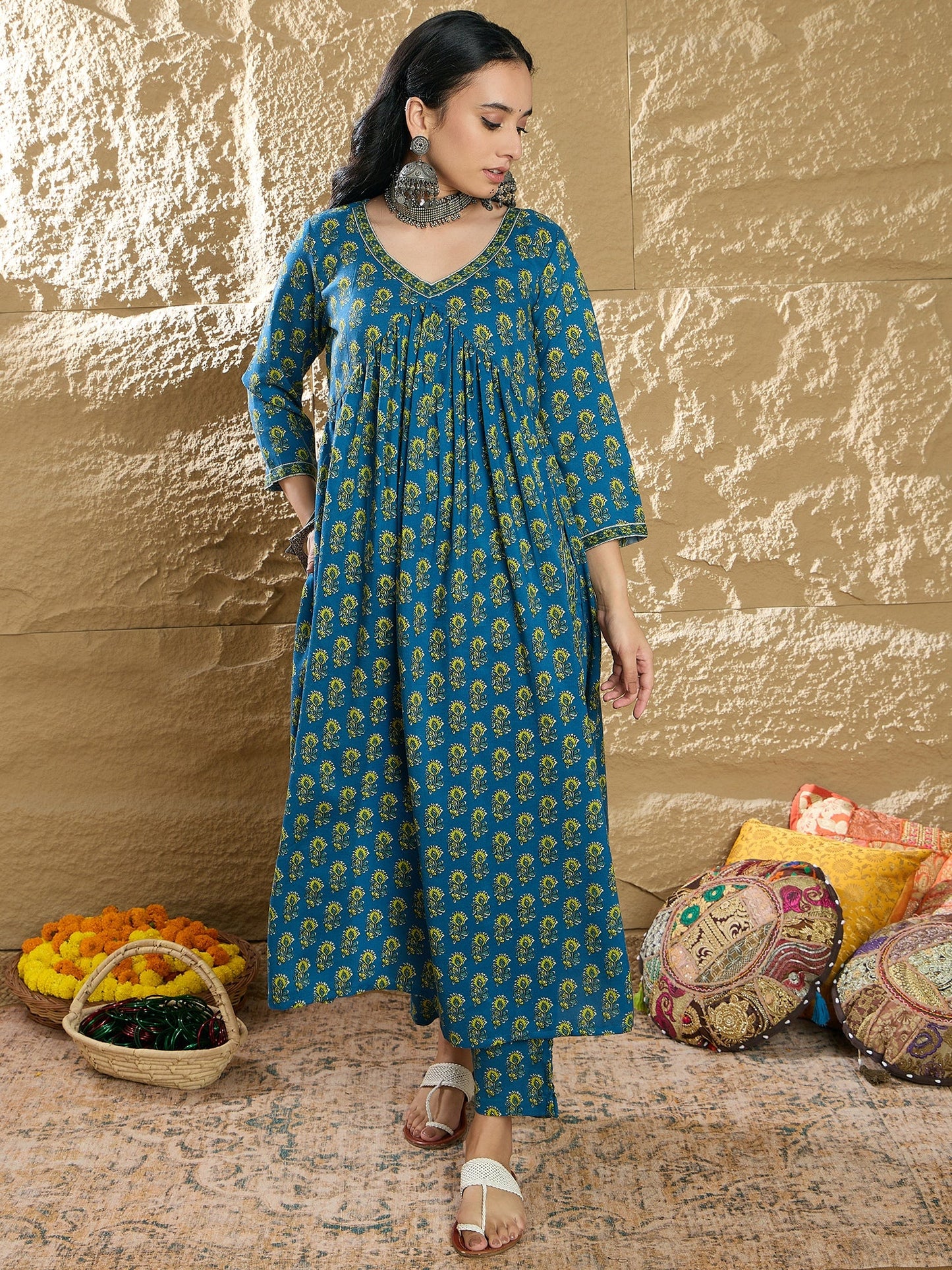 Indo Era Blue Embroidered A-Line Kurta Trousers With Dupatta set