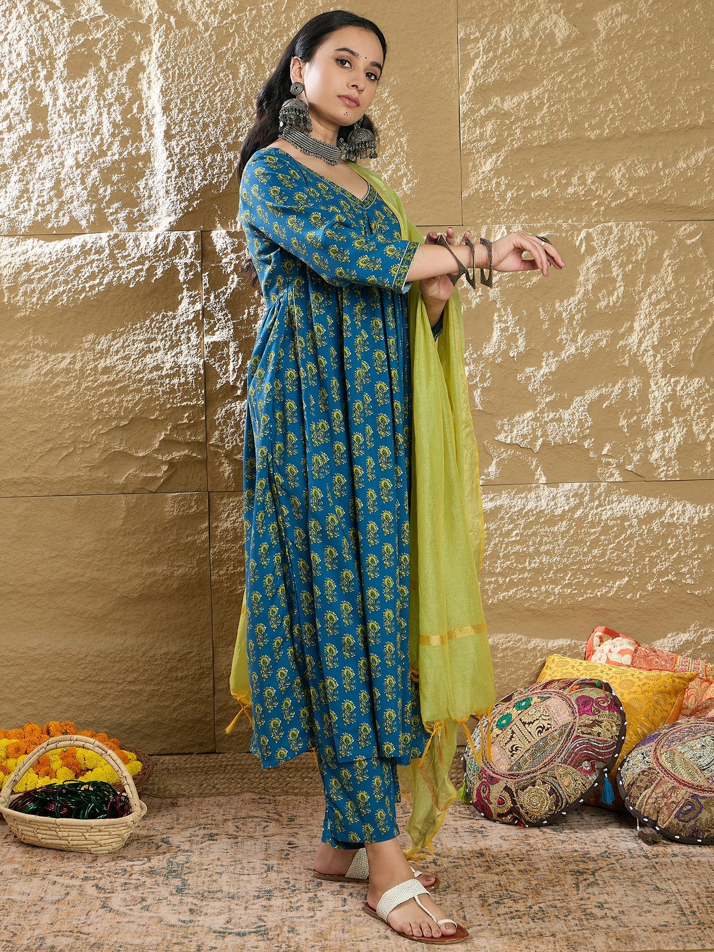 Indo Era Blue Embroidered A-Line Kurta Trousers With Dupatta set