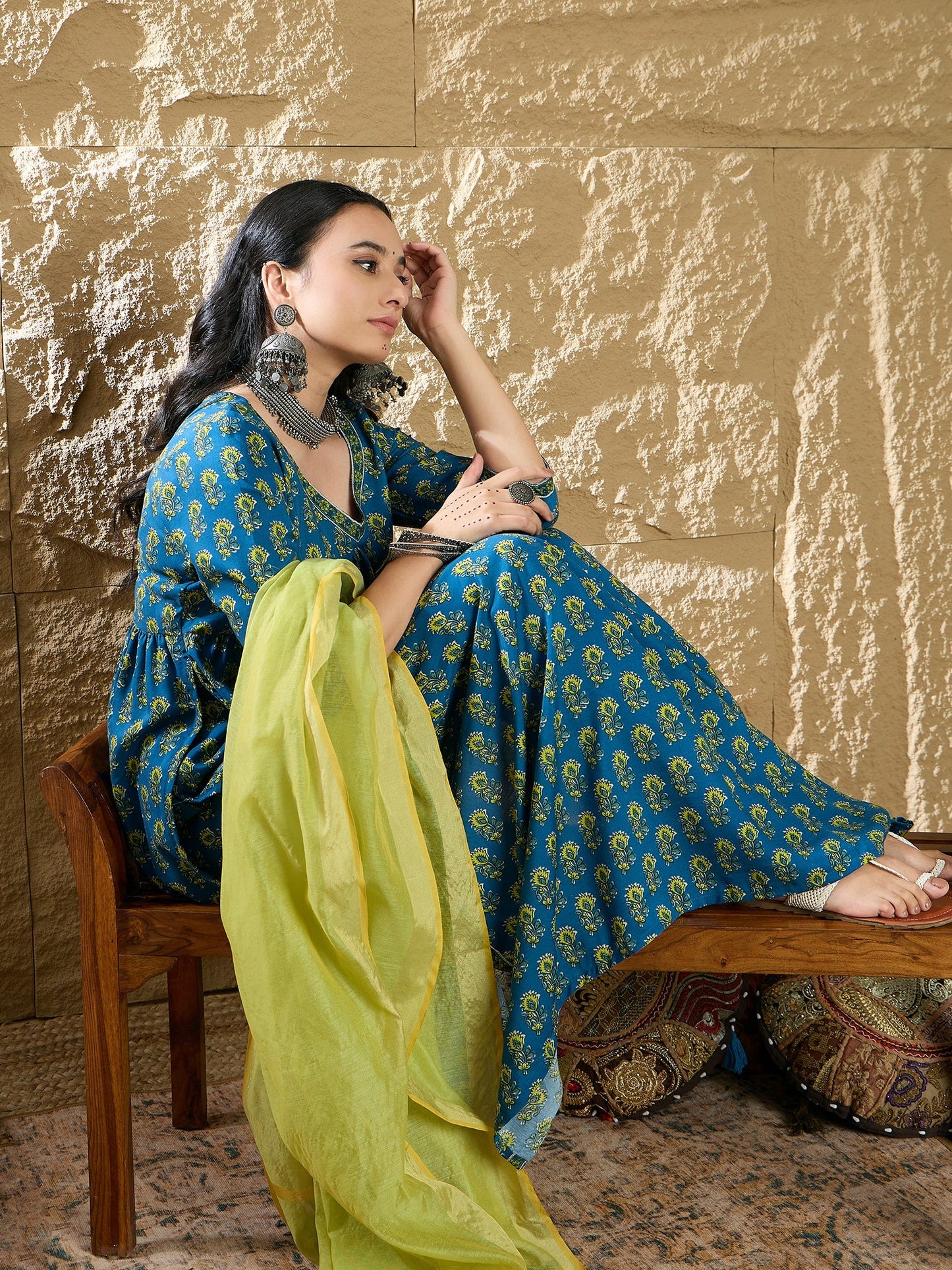 Indo Era Blue Embroidered A-Line Kurta Trousers With Dupatta set