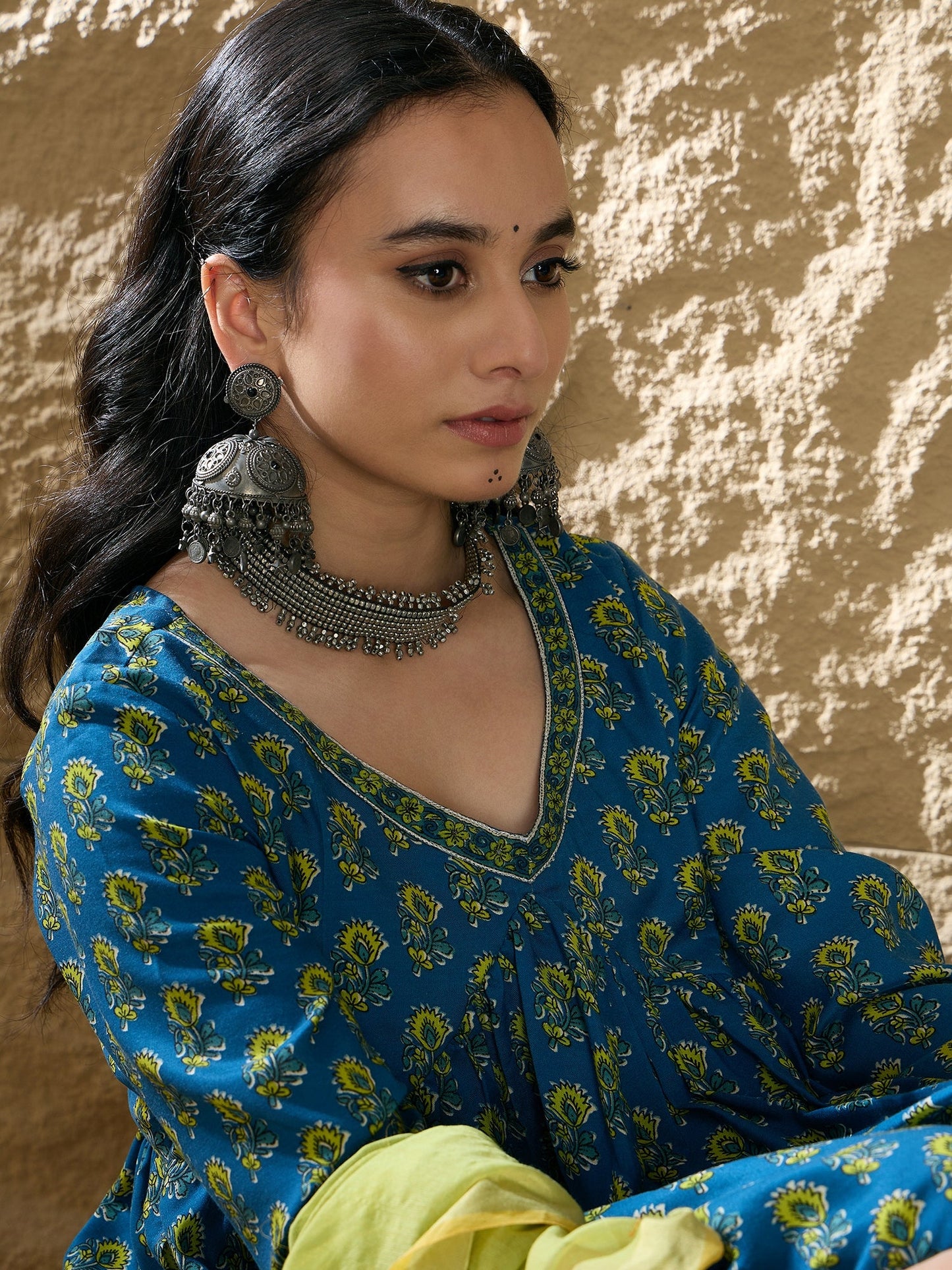 Indo Era Blue Embroidered A-Line Kurta Trousers With Dupatta set