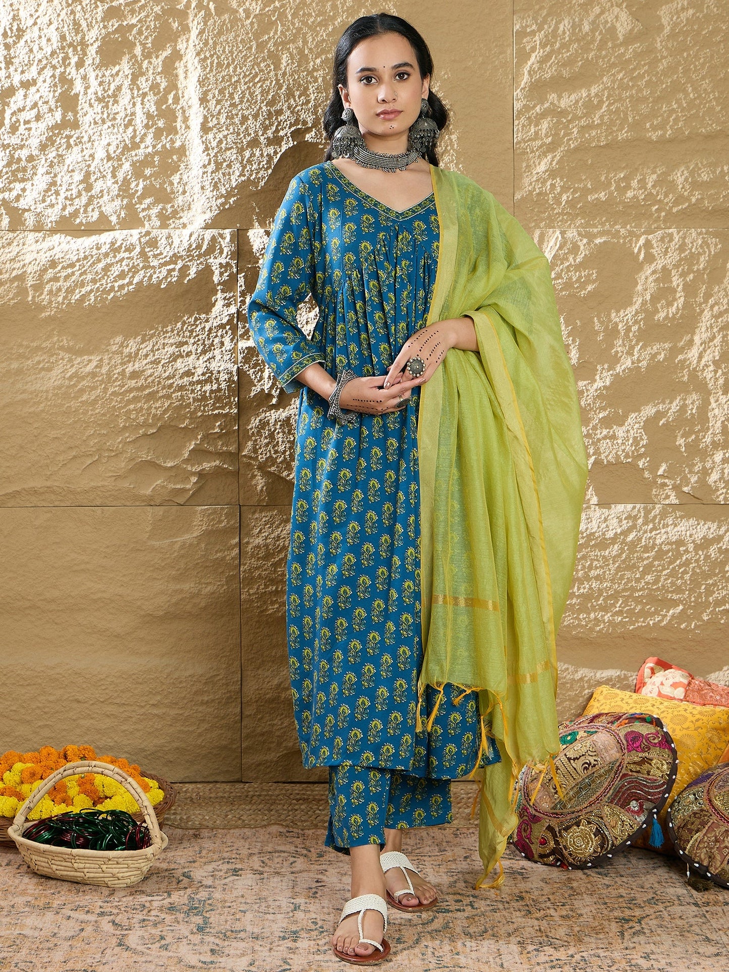 Indo Era Blue Embroidered A-Line Kurta Trousers With Dupatta set