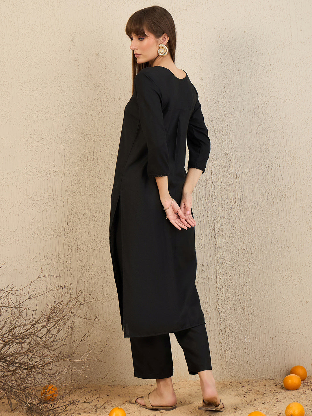 Indo Era Black Solid Straight Kurta Trousers Set